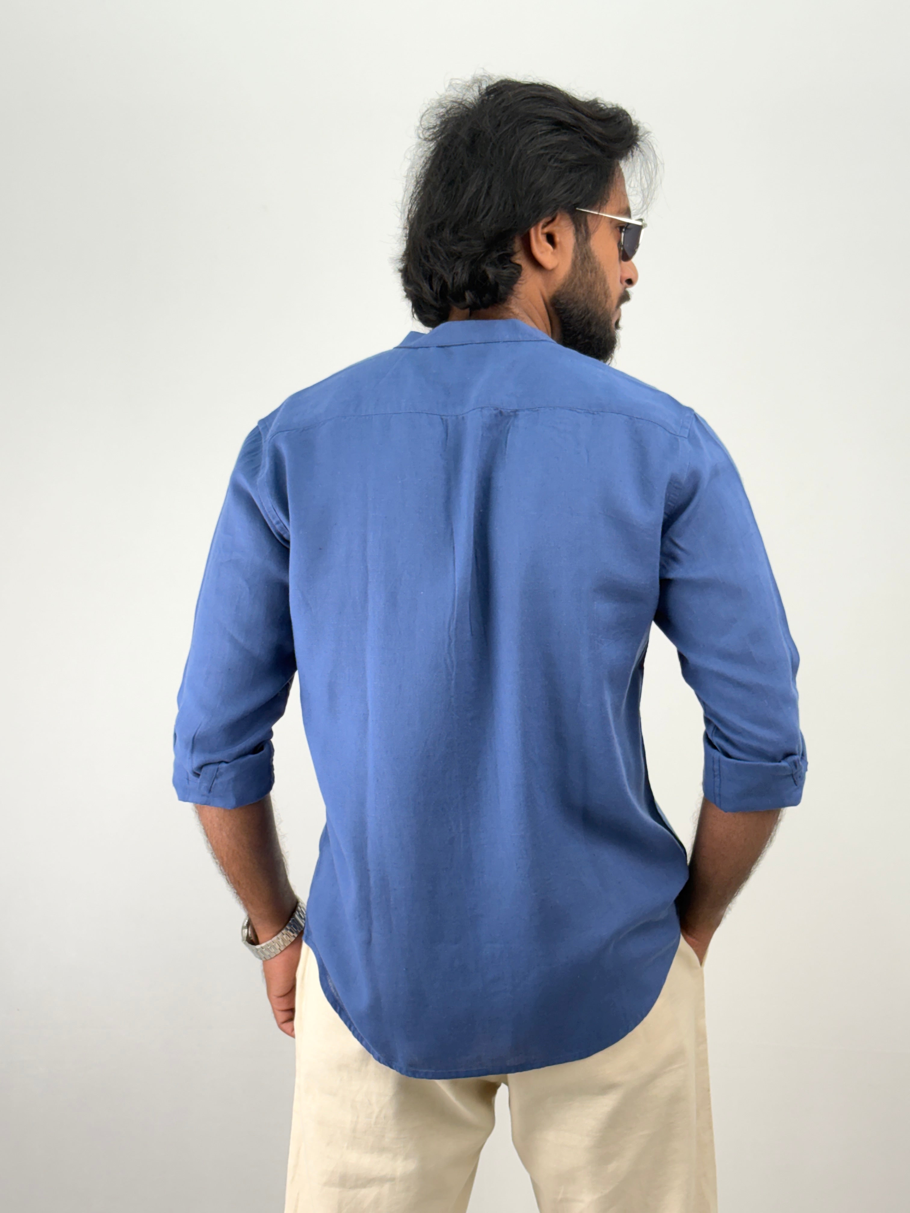 Blue Mandarin Collar Linen Shirt 1