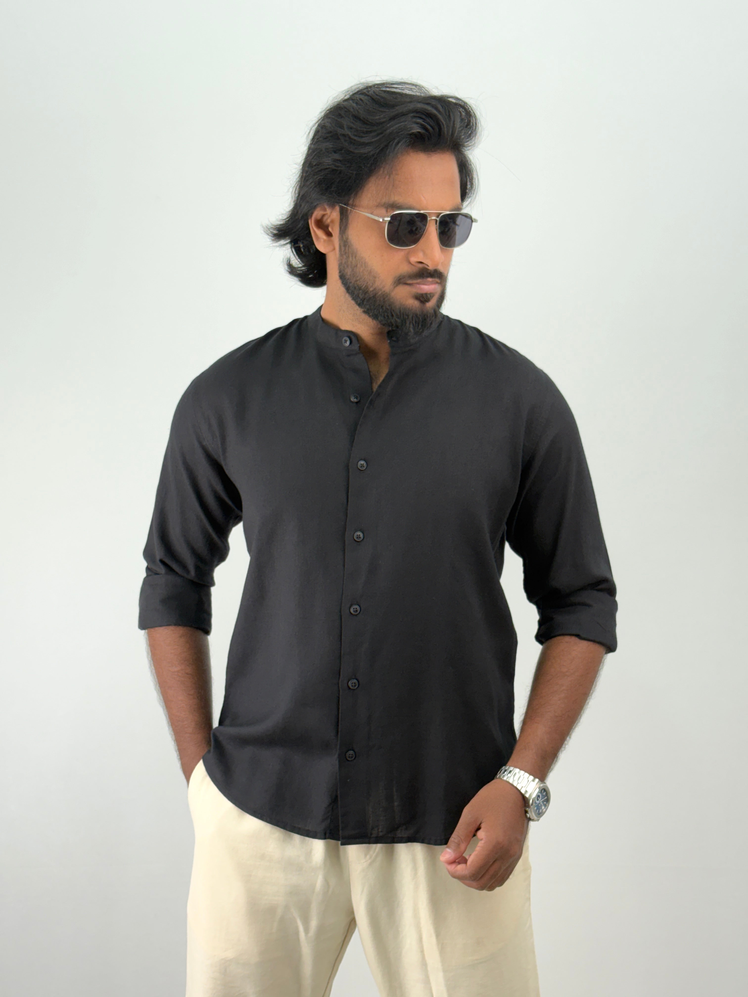 Black Mandarin Collar Linen Shirt 1