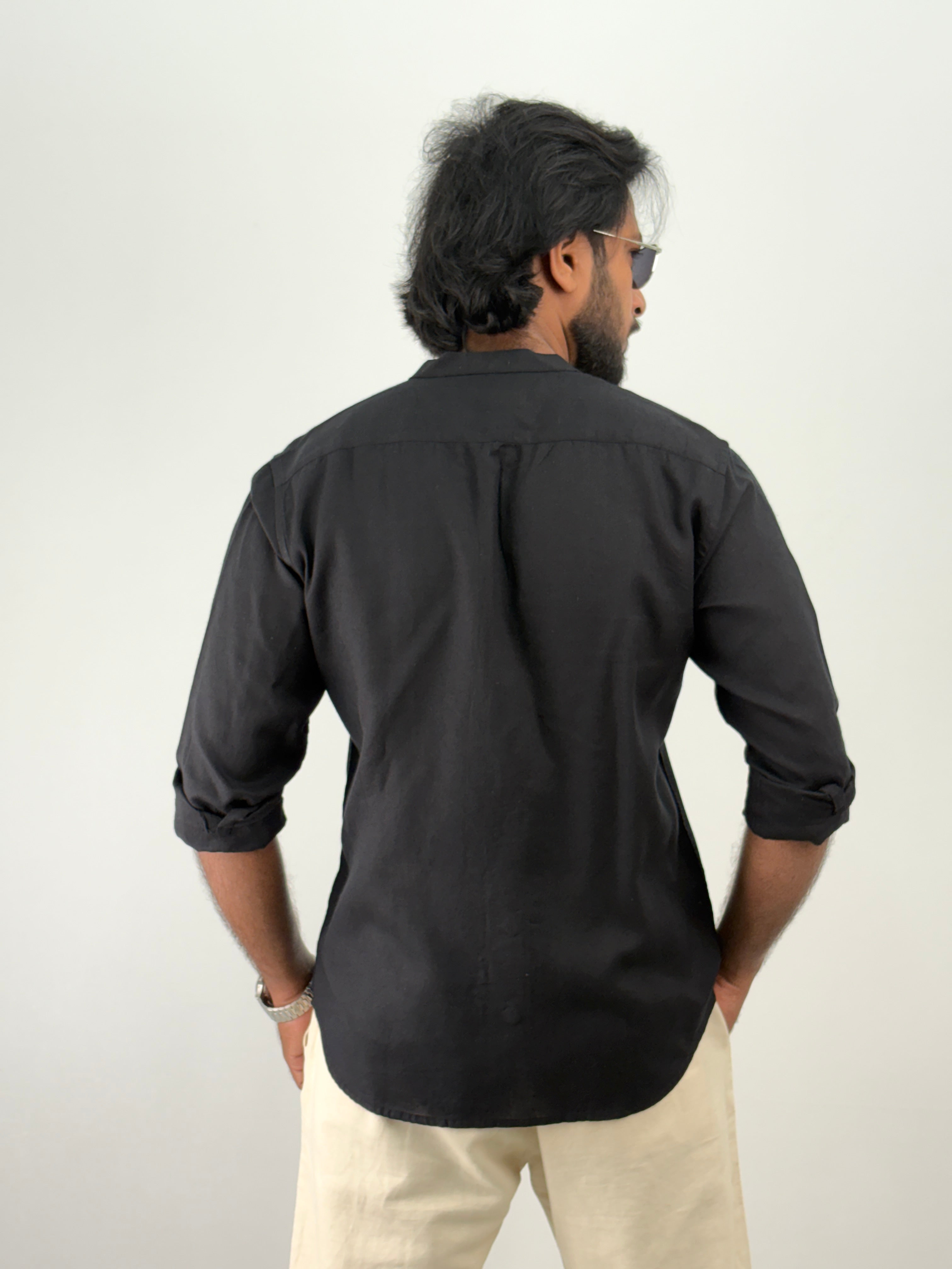 Black Mandarin Collar Linen Shirt 1