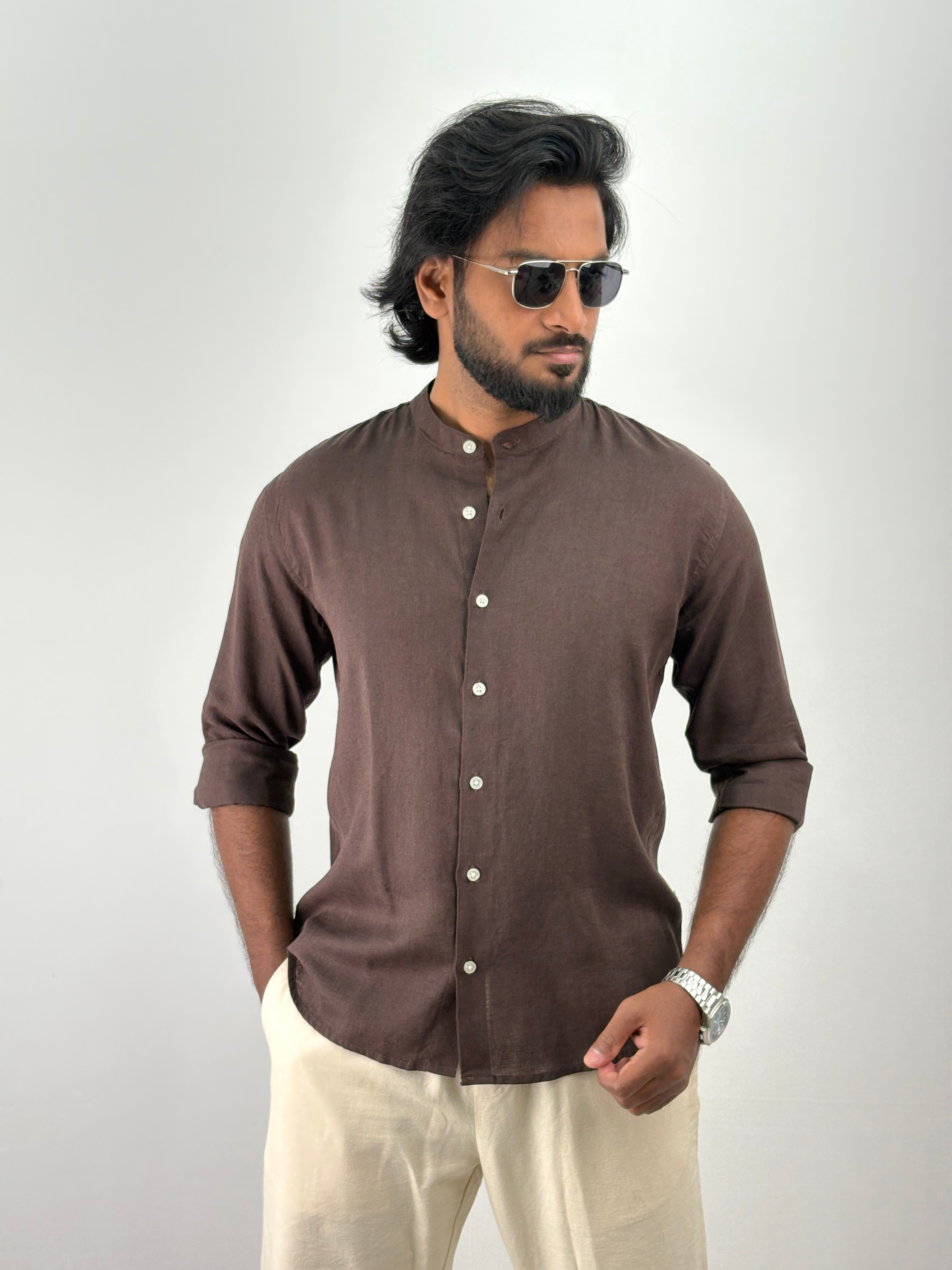Dark Brown Mandarin Collar Linen Shirt 1