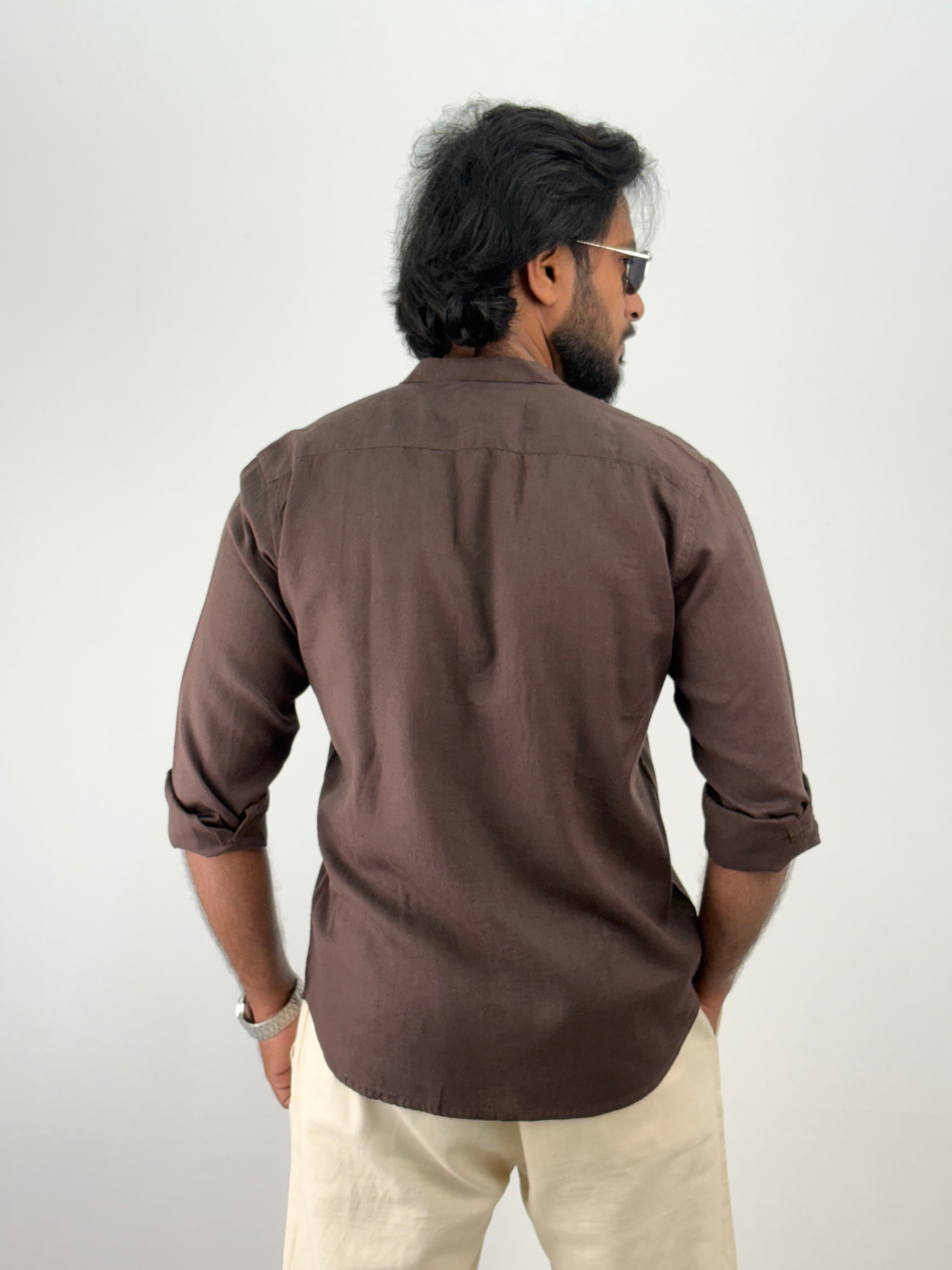 Dark Brown Mandarin Collar Linen Shirt 1