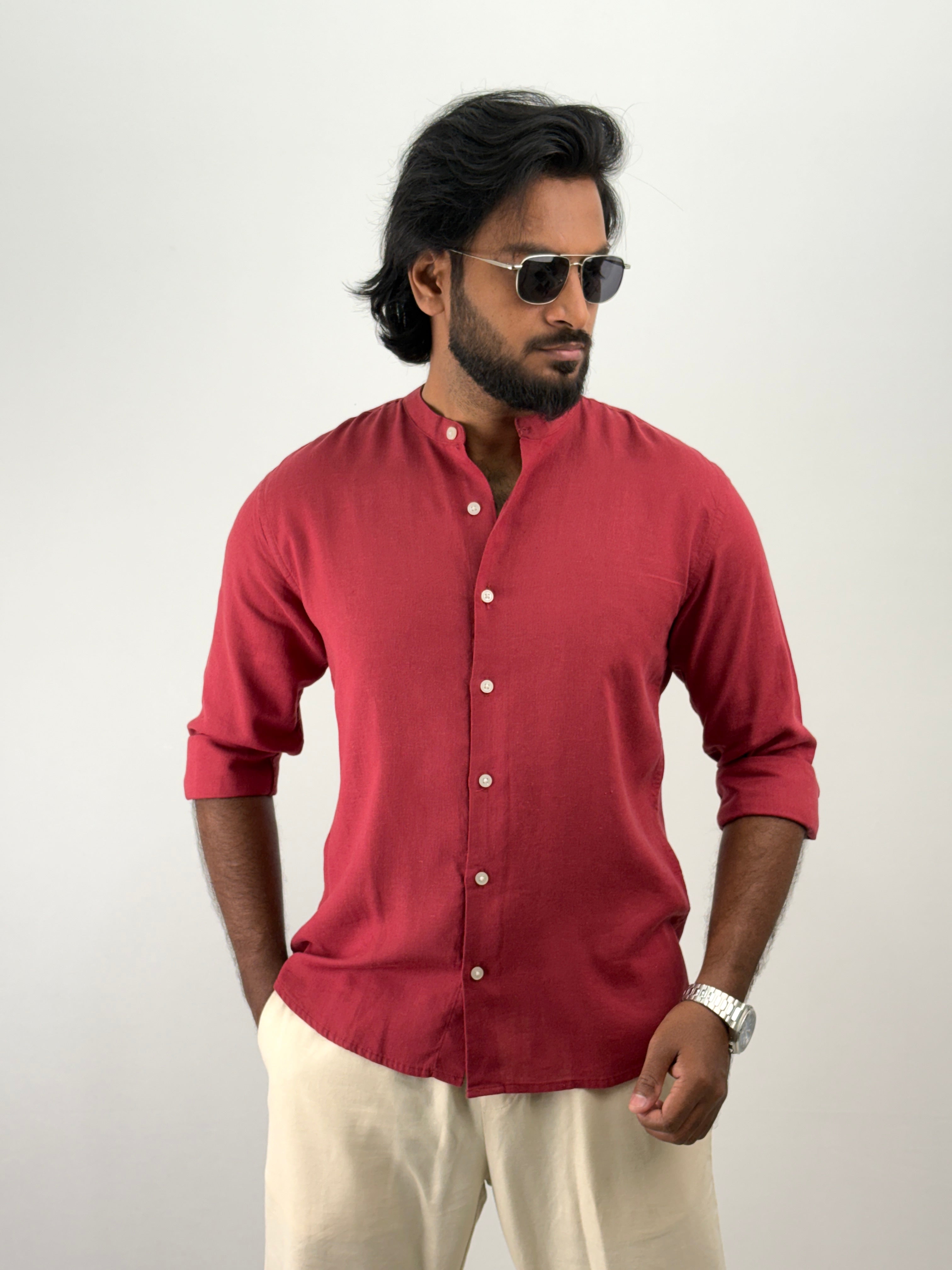 Red Mandarin Collar Linen Shirt 1