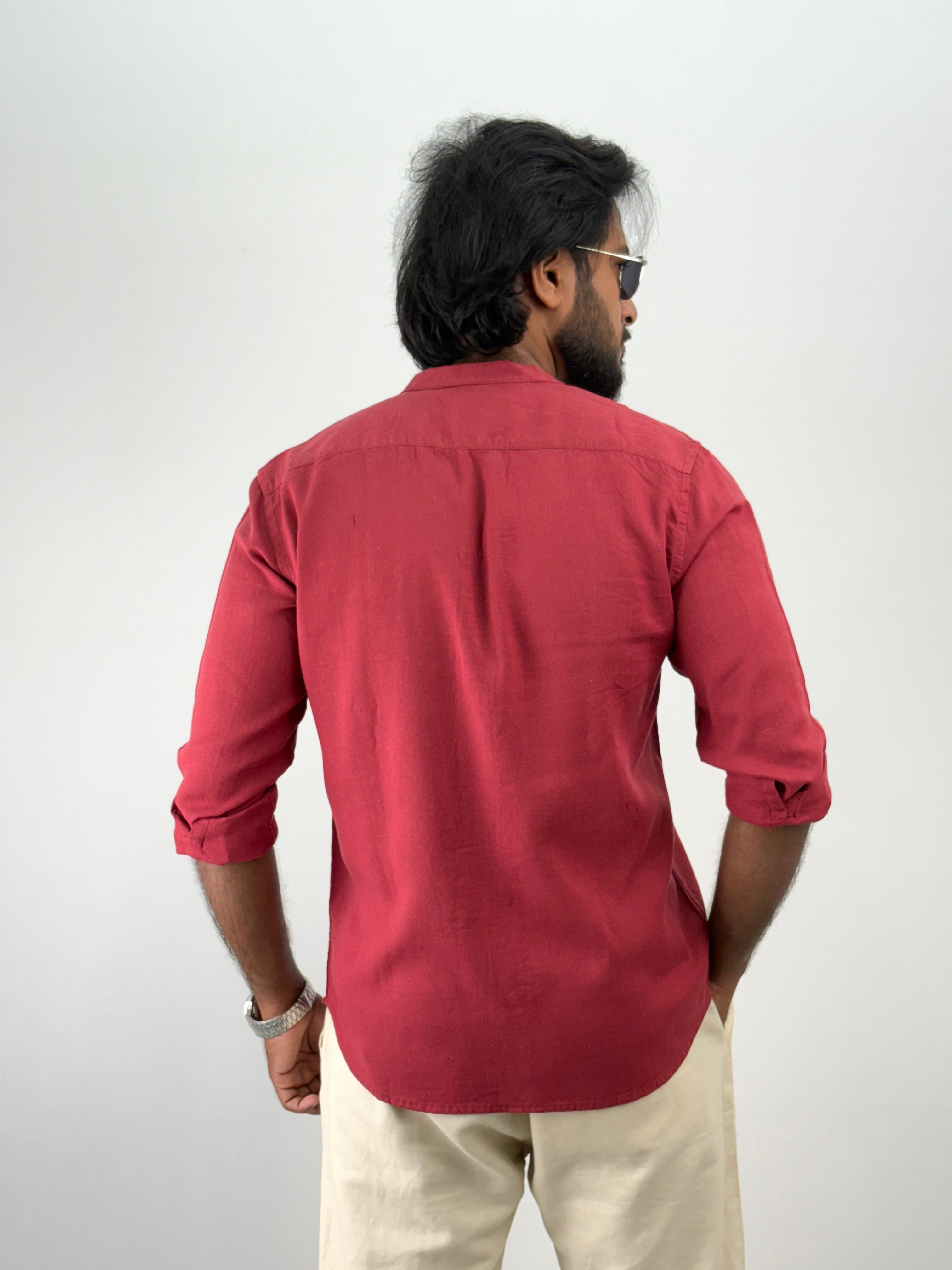 Red Mandarin Collar Linen Shirt 1
