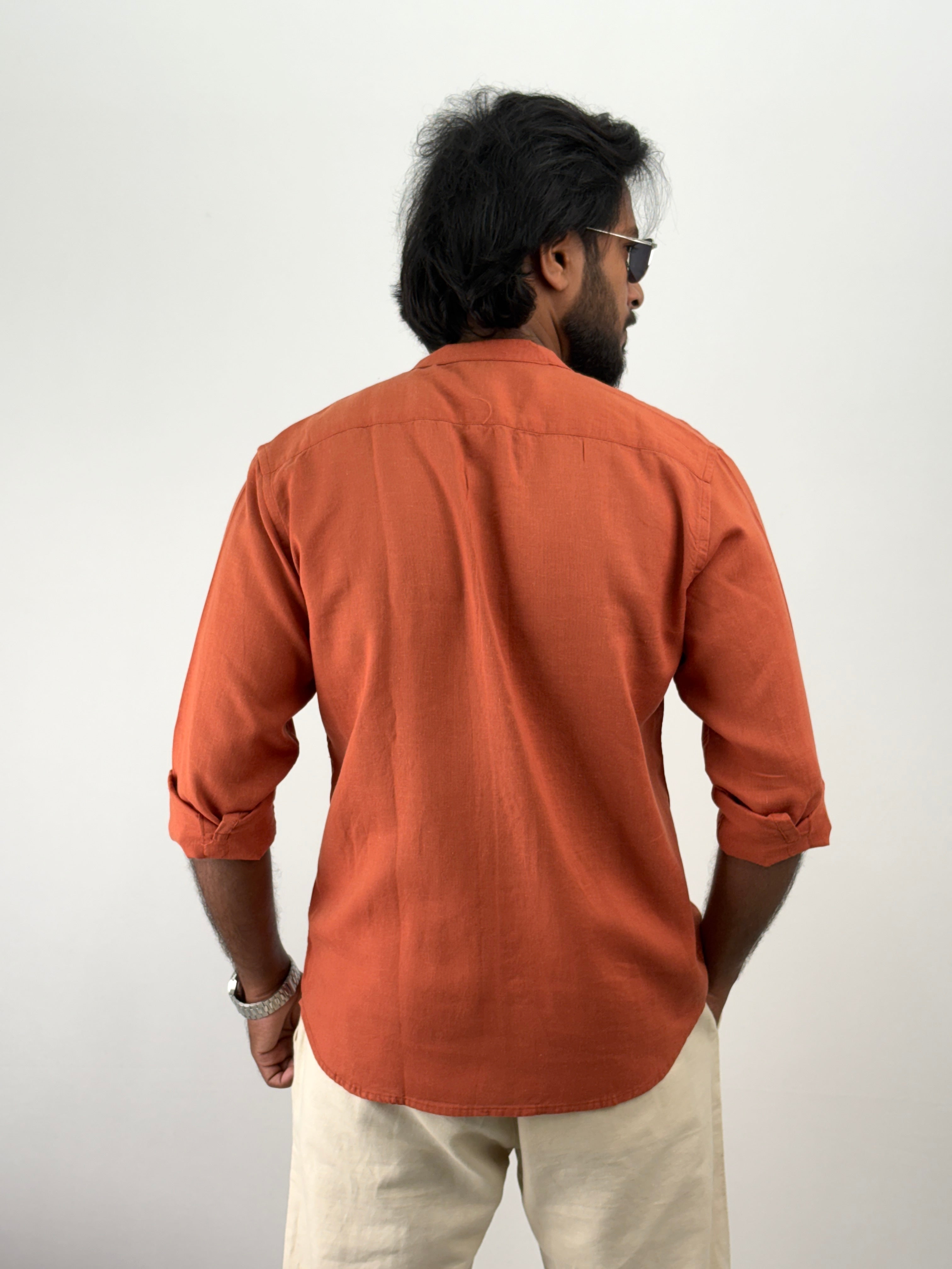 Rust Mandarin Collar Linen Shirt 1