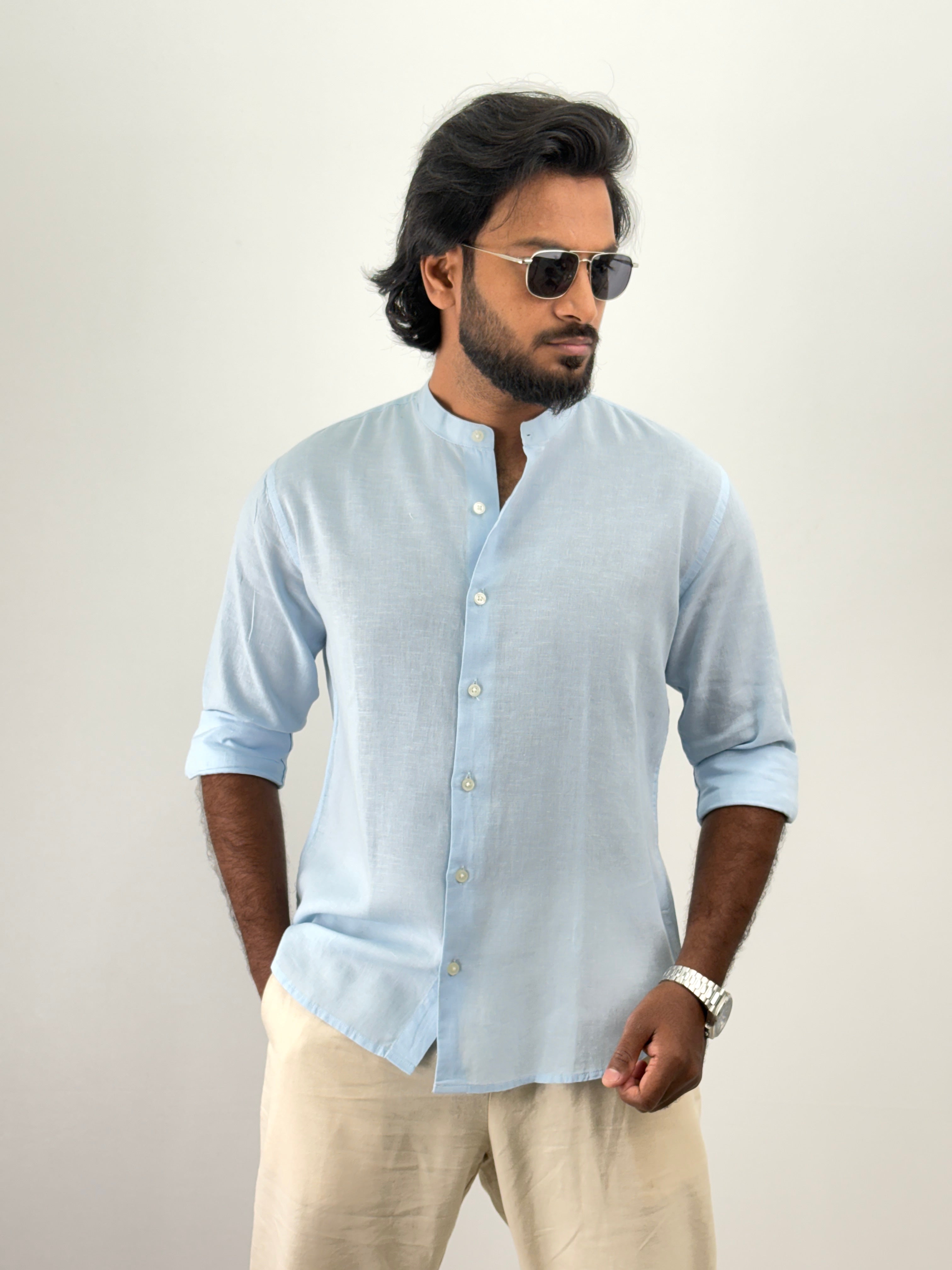 Ice Blue Mandarin Collar Linen Shirt 1