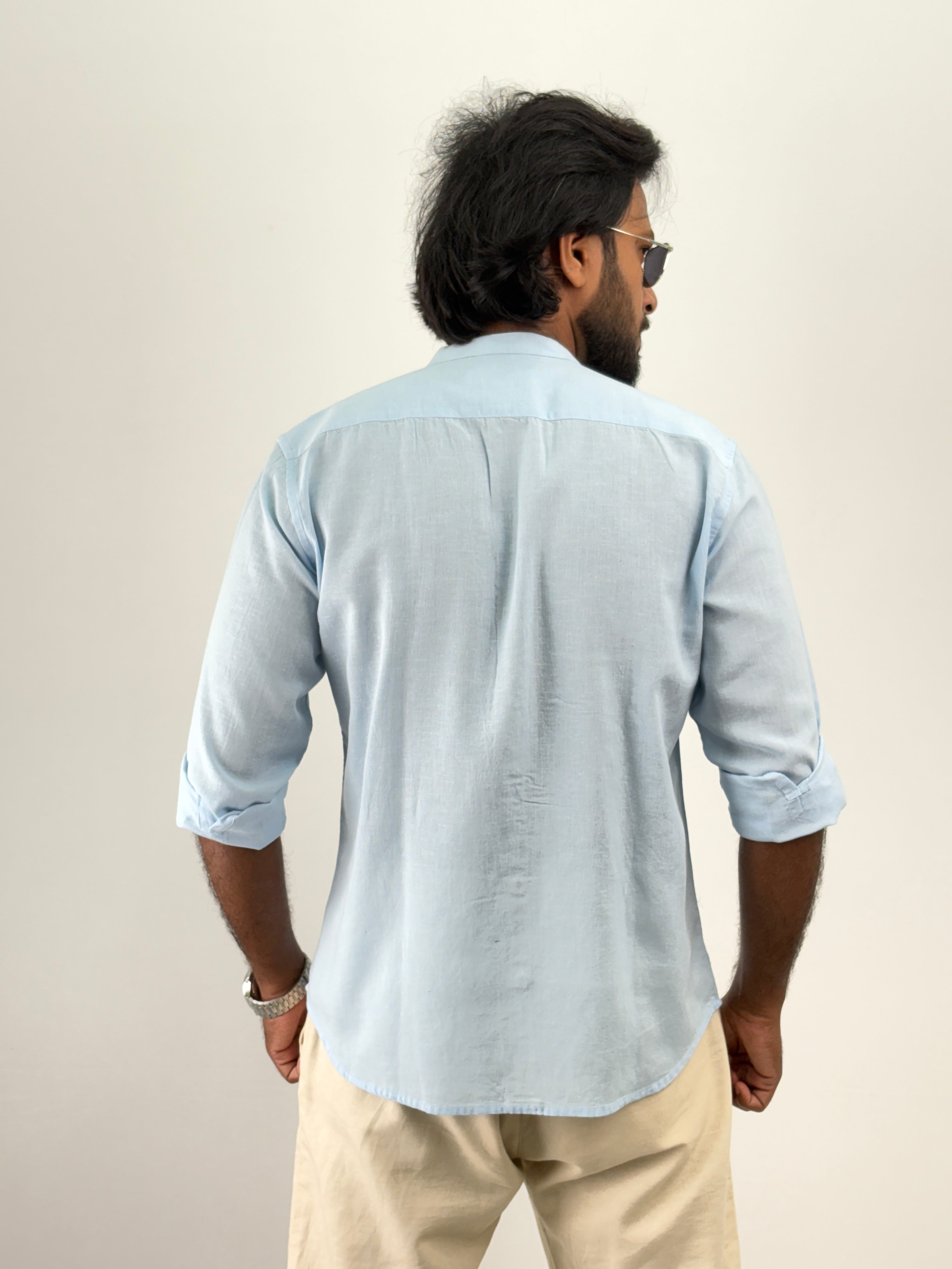 Ice Blue Mandarin Collar Linen Shirt 1