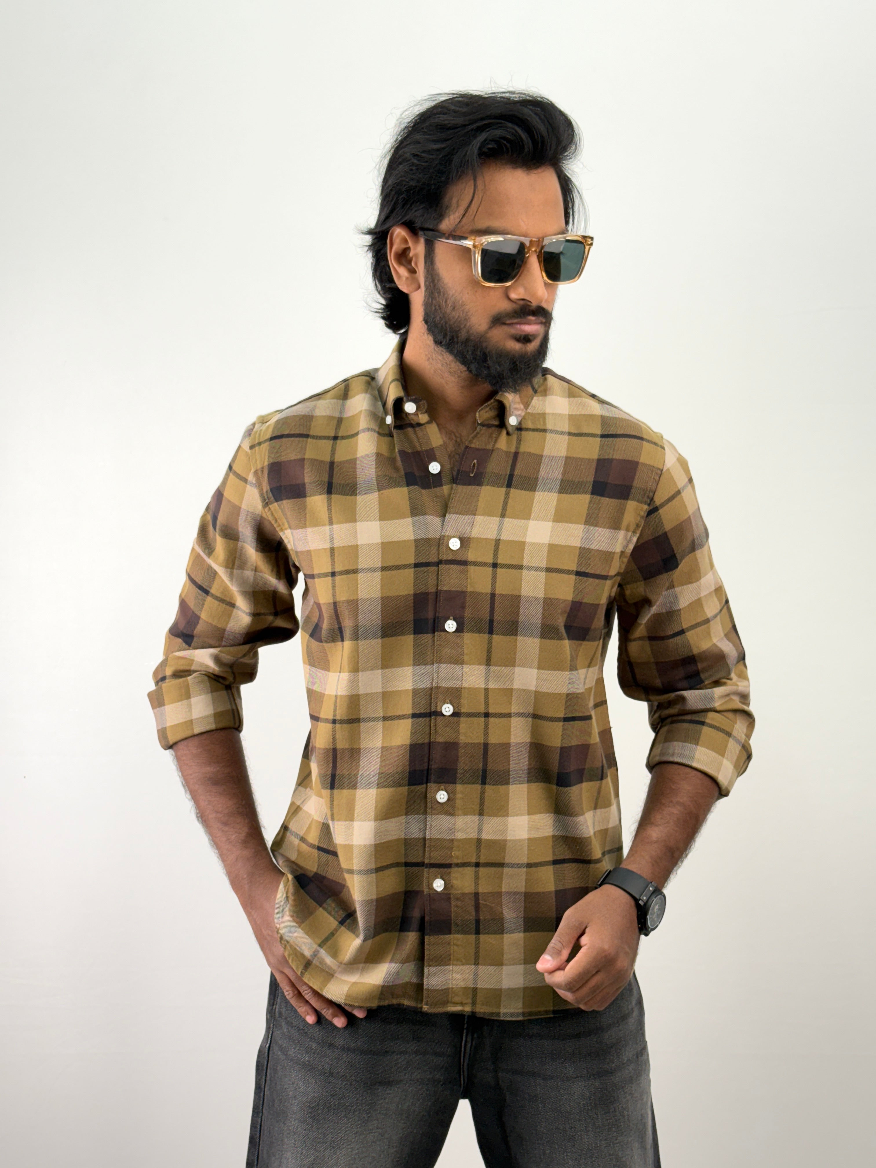 Khaki Elbow Patch Flannel Shirt