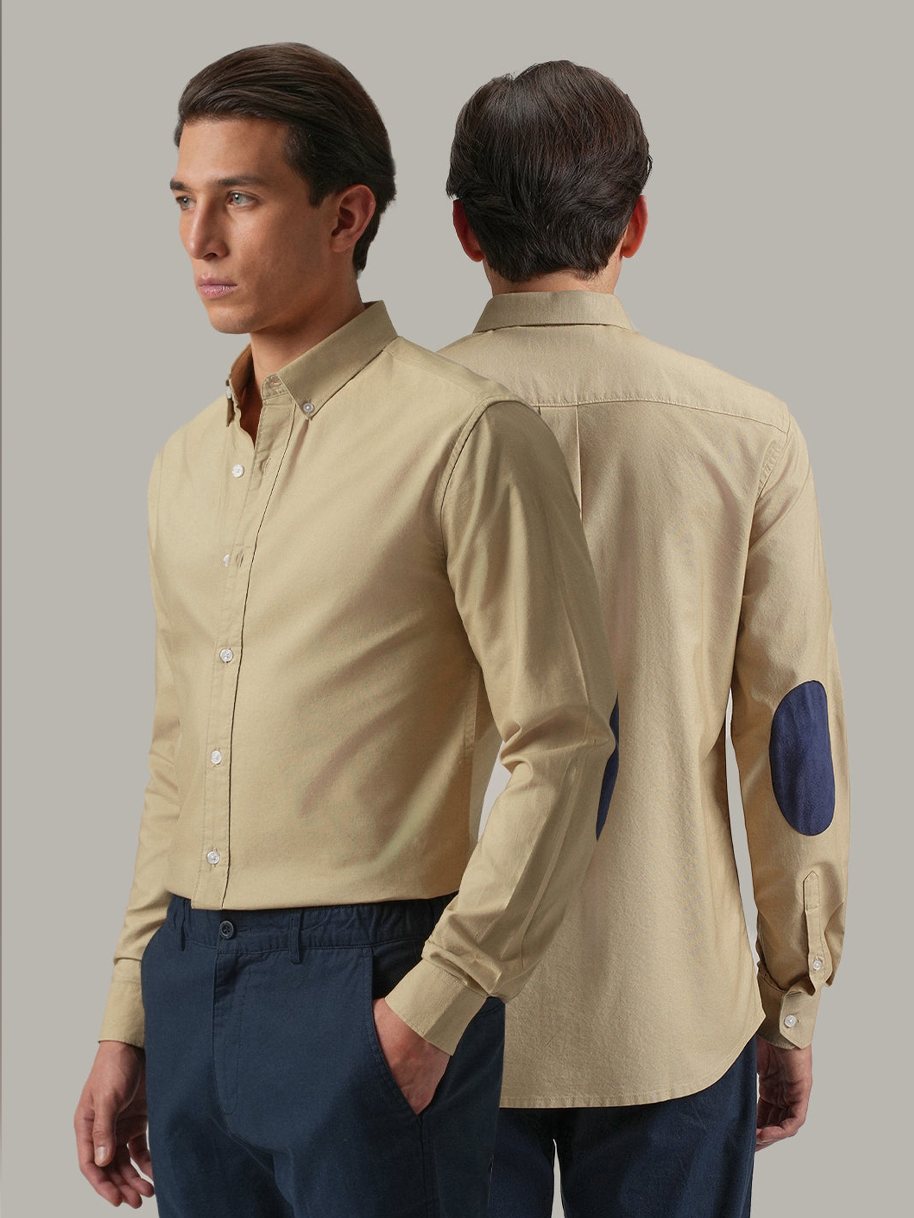 Khaki Plain Elbow Patch Shirt