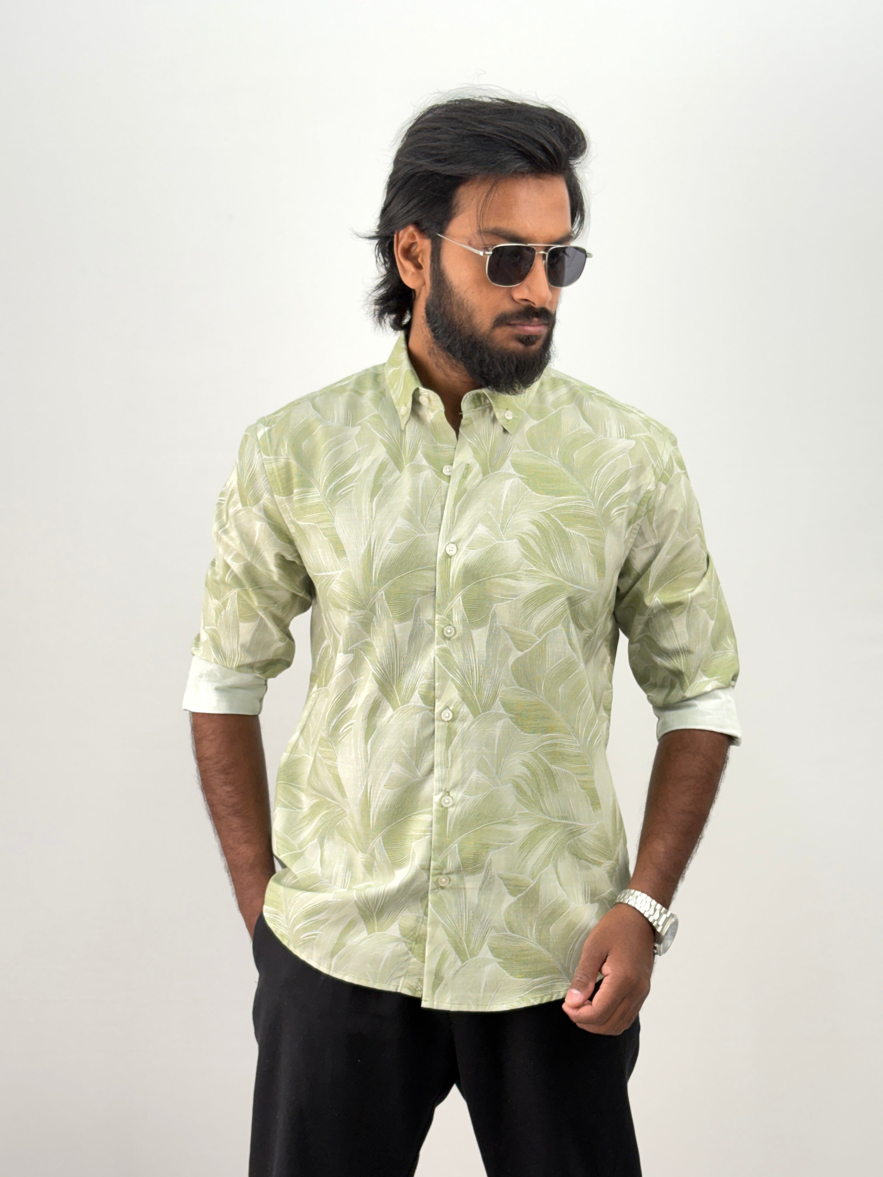 Light Green Linen Printed Shirt