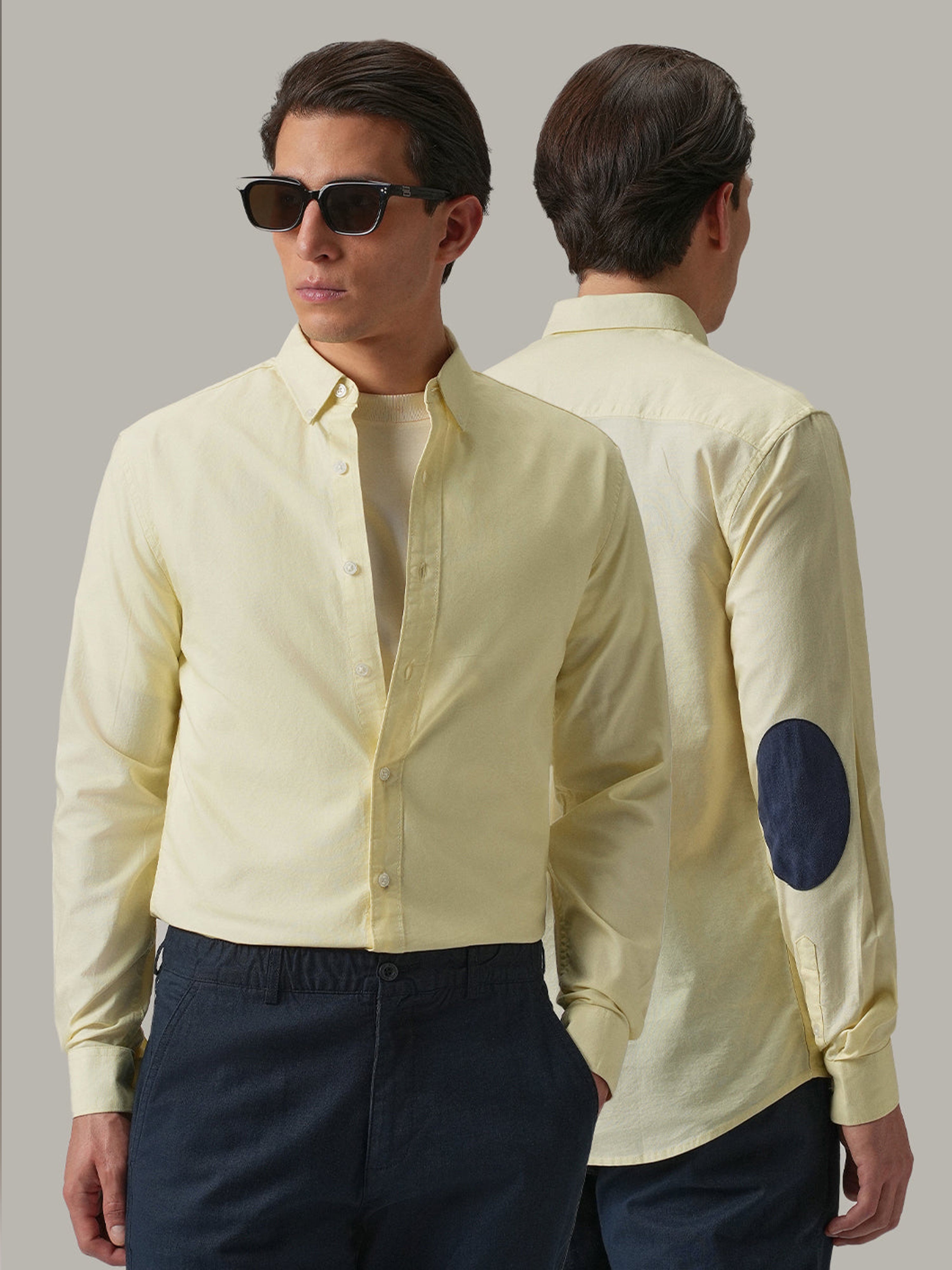 Light Yellow Plain Elbow Patch Shirt