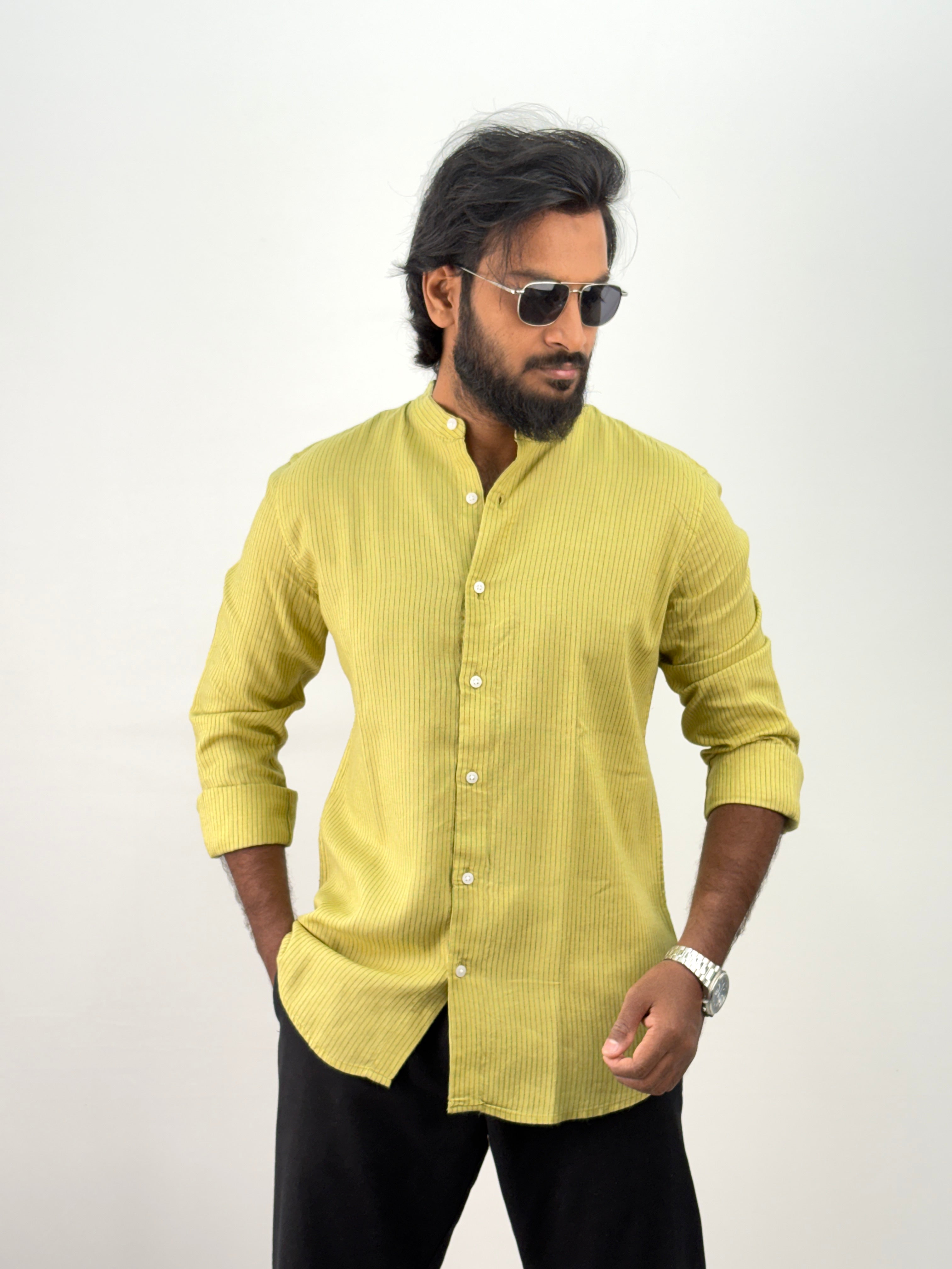 Lime Mandarin Linen Stripe Shirt