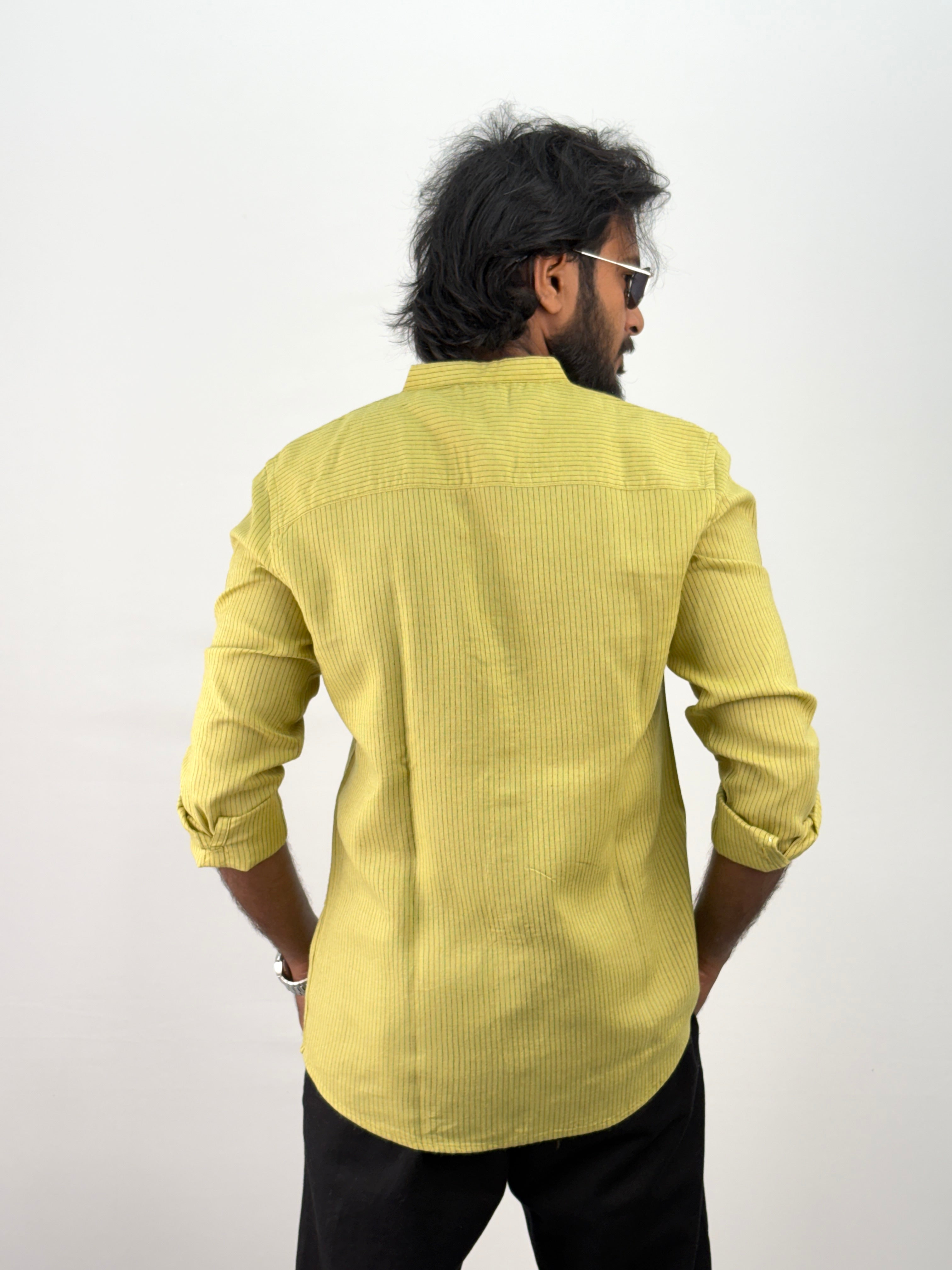 Lime Mandarin Linen Stripe Shirt