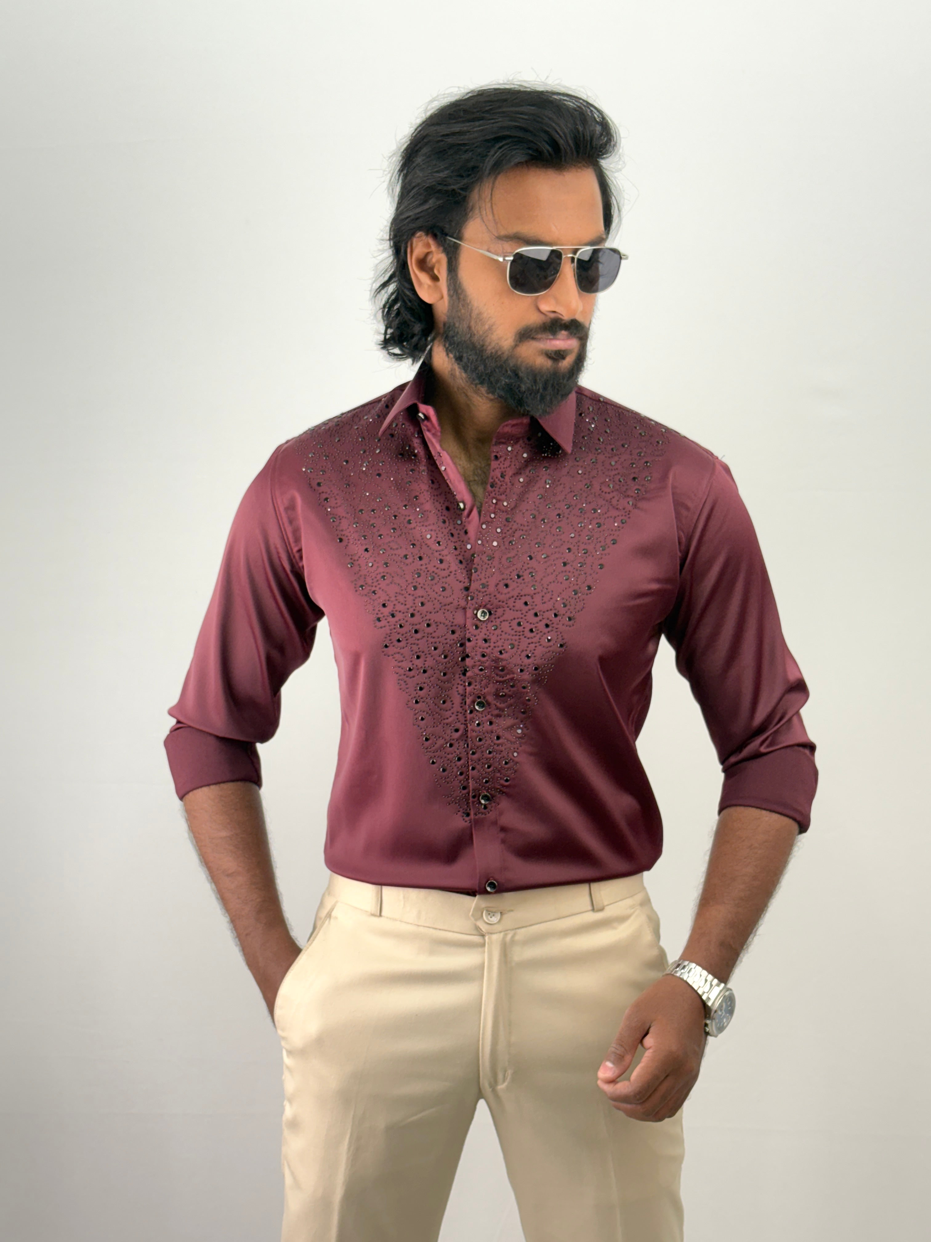Maroon Designer Stone Work Shirt 9