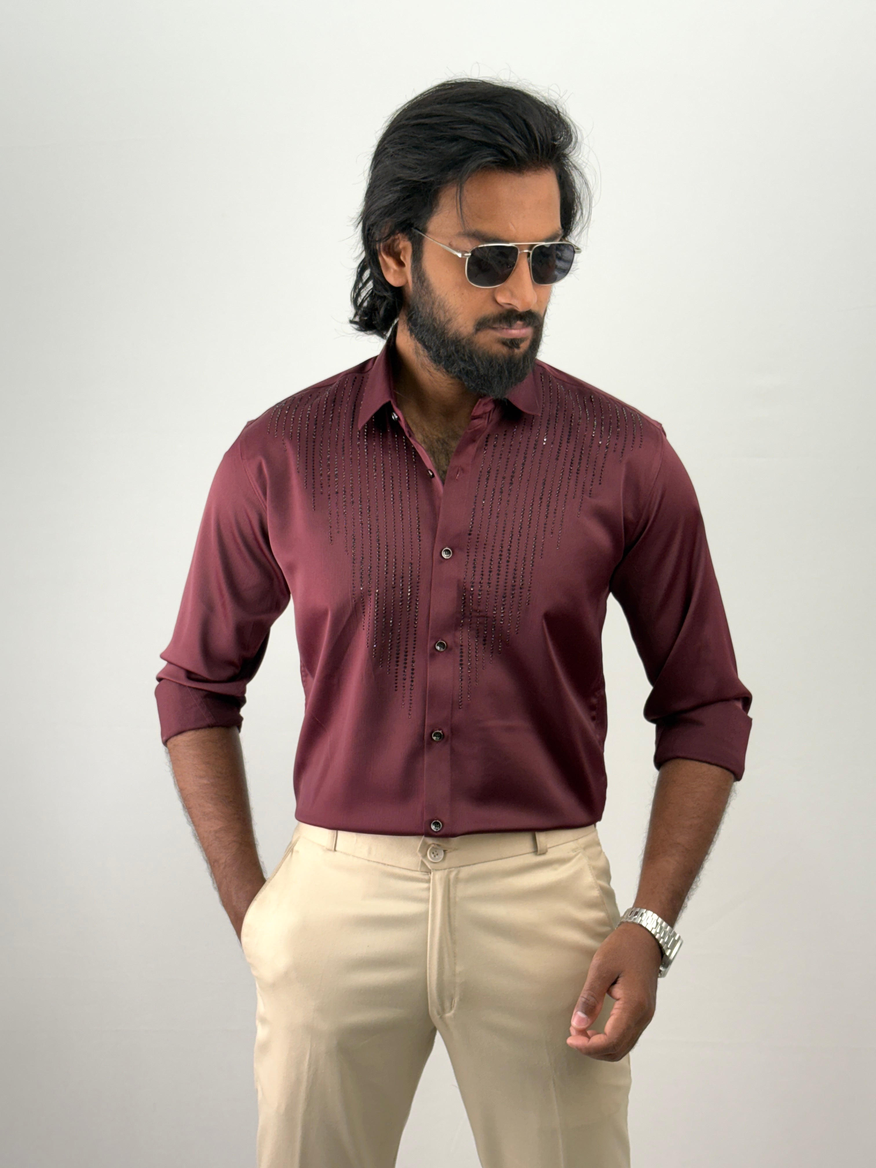 Maroon Designer Stone Work Shirt 10