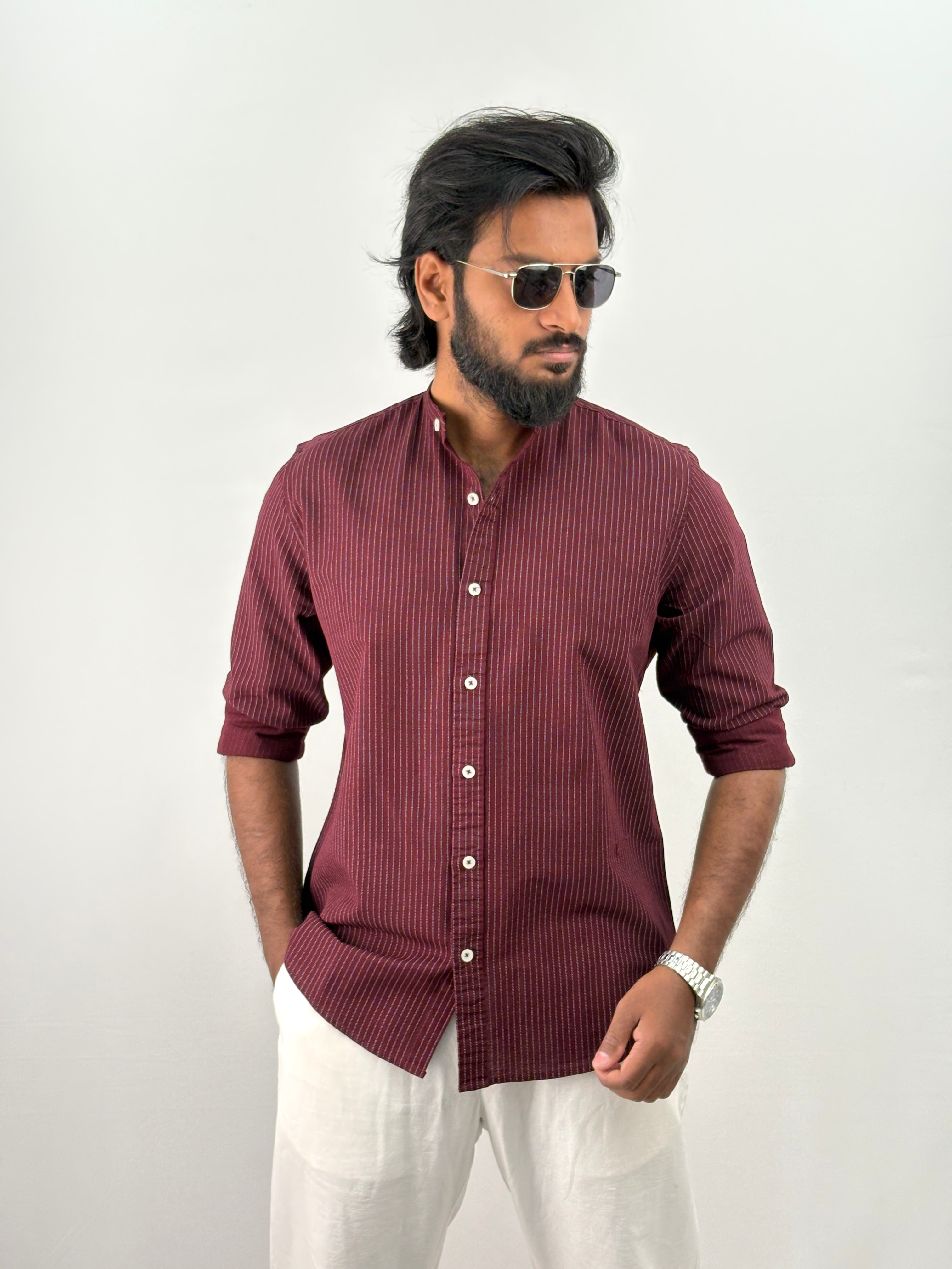 Maroon Mandarin Stripe Shirt