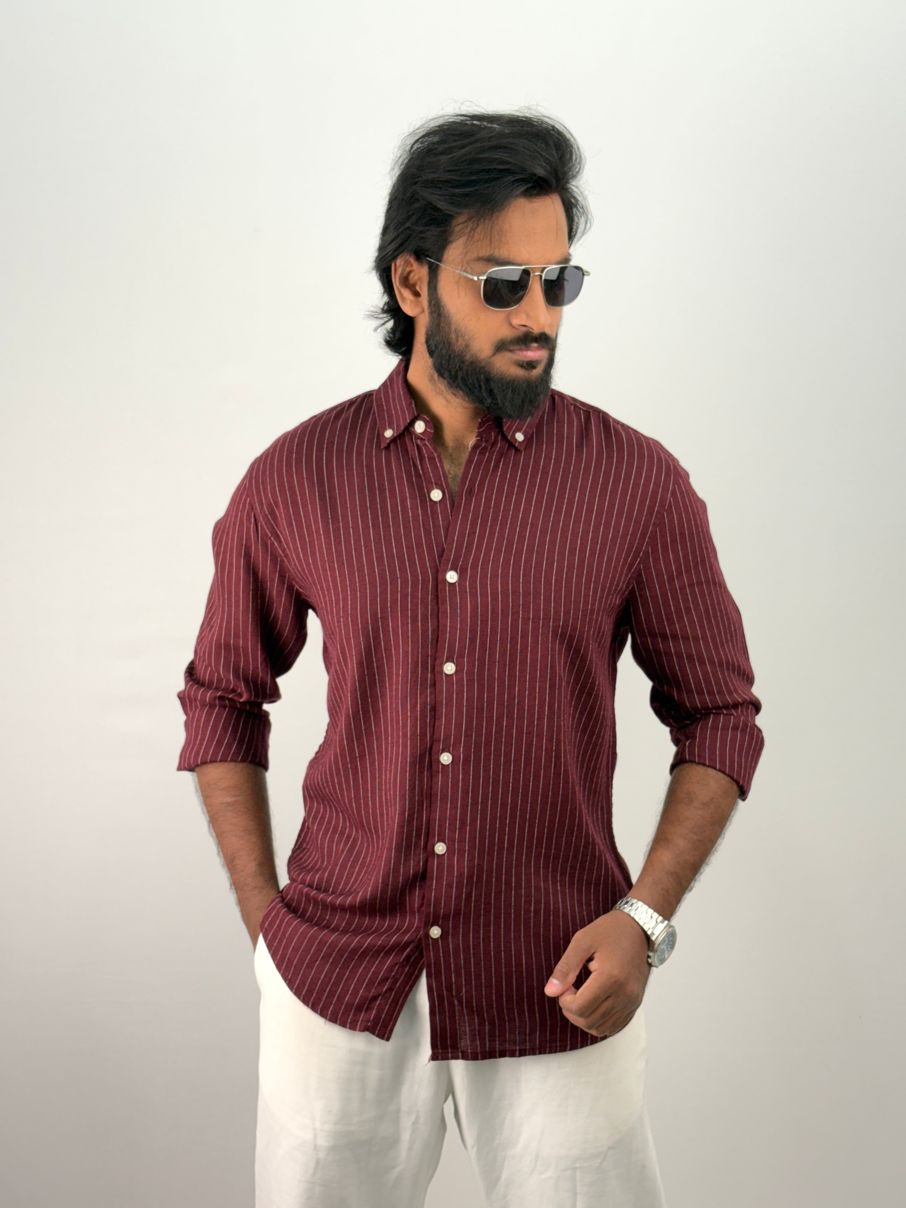 Maroon Linen Stripe Shirt 1