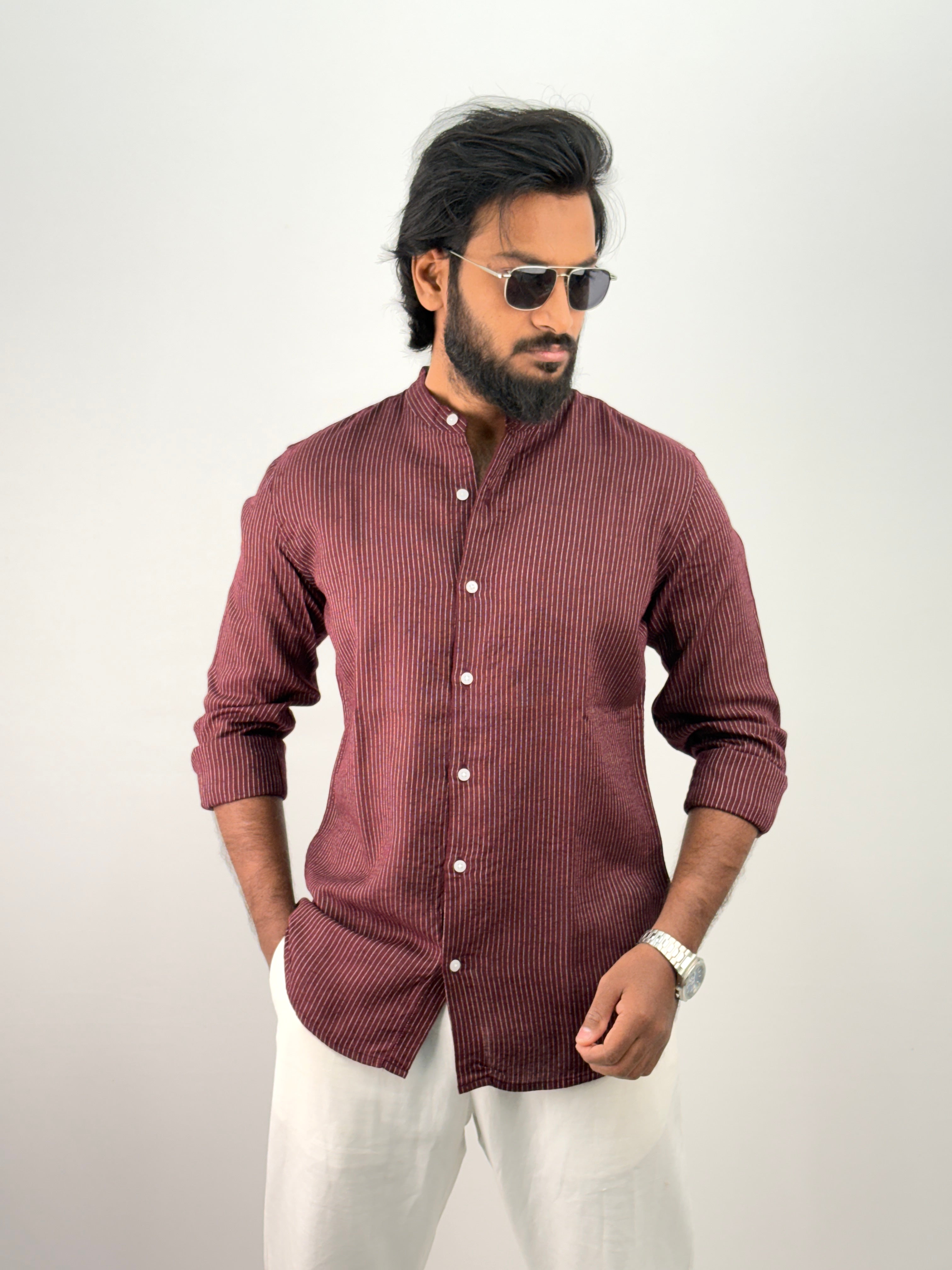 Maroon Mandarin Linen Stripe Shirt