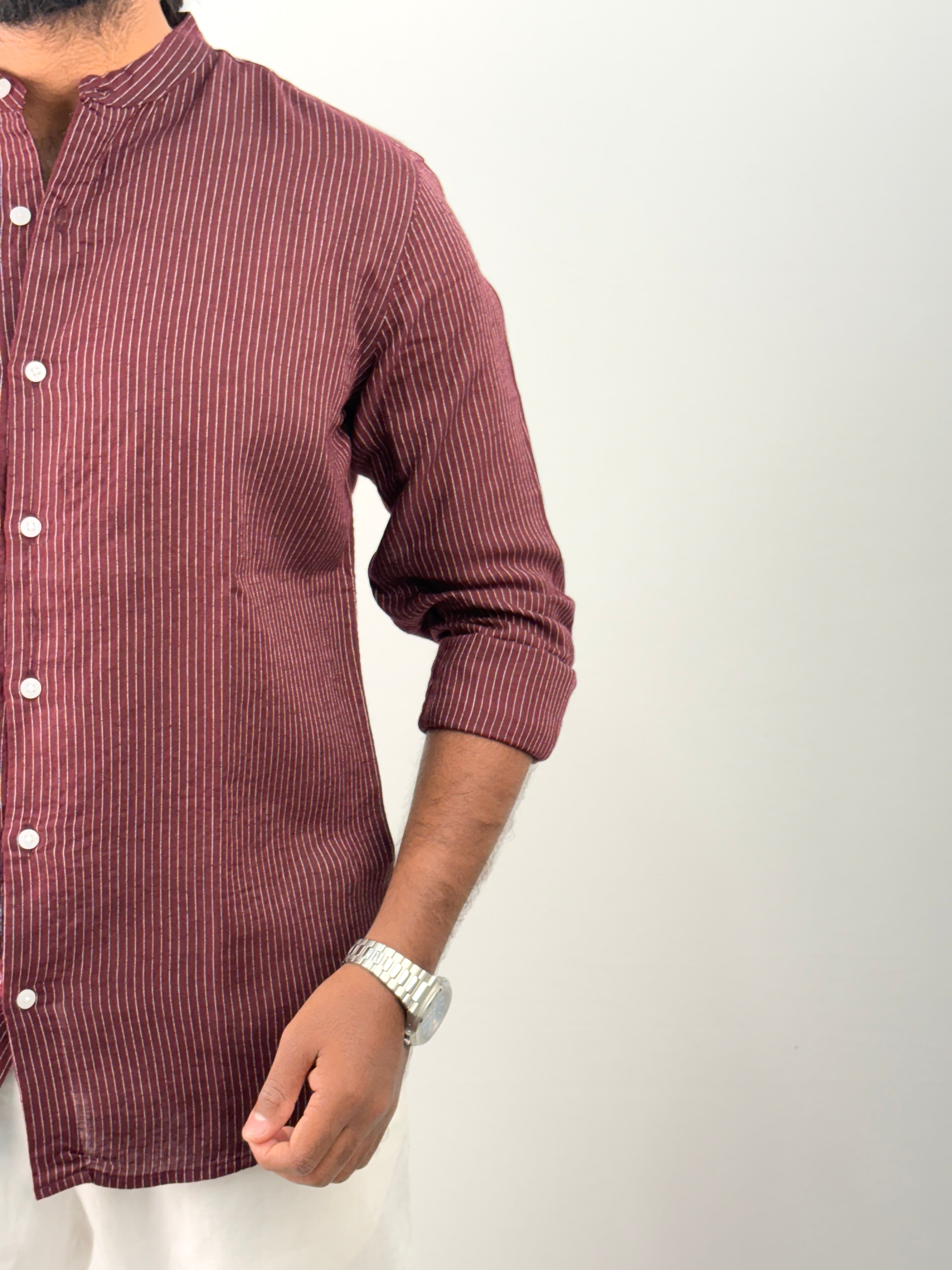 Maroon Mandarin Linen Stripe Shirt