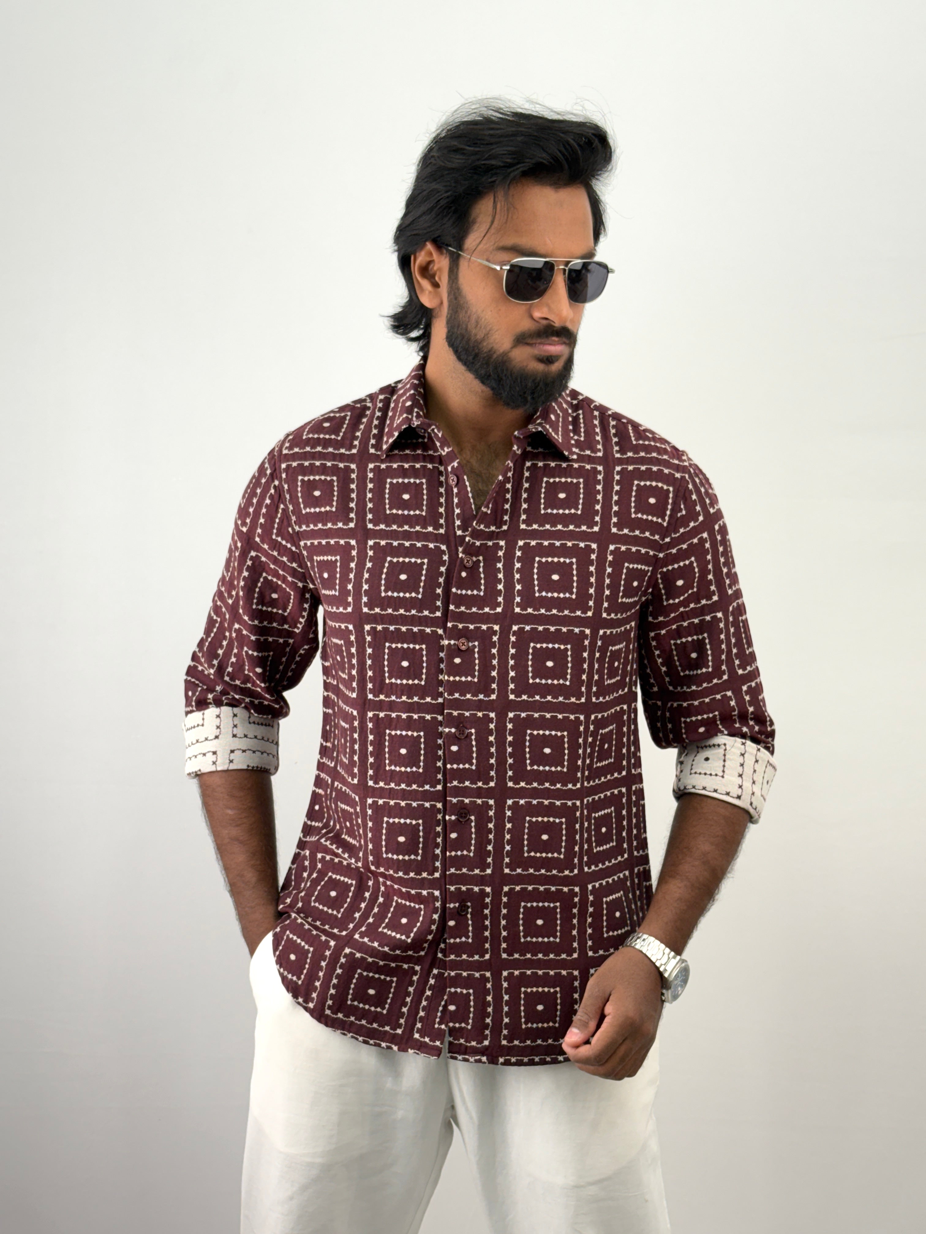 Maroon Geometric Jacquard Shirt