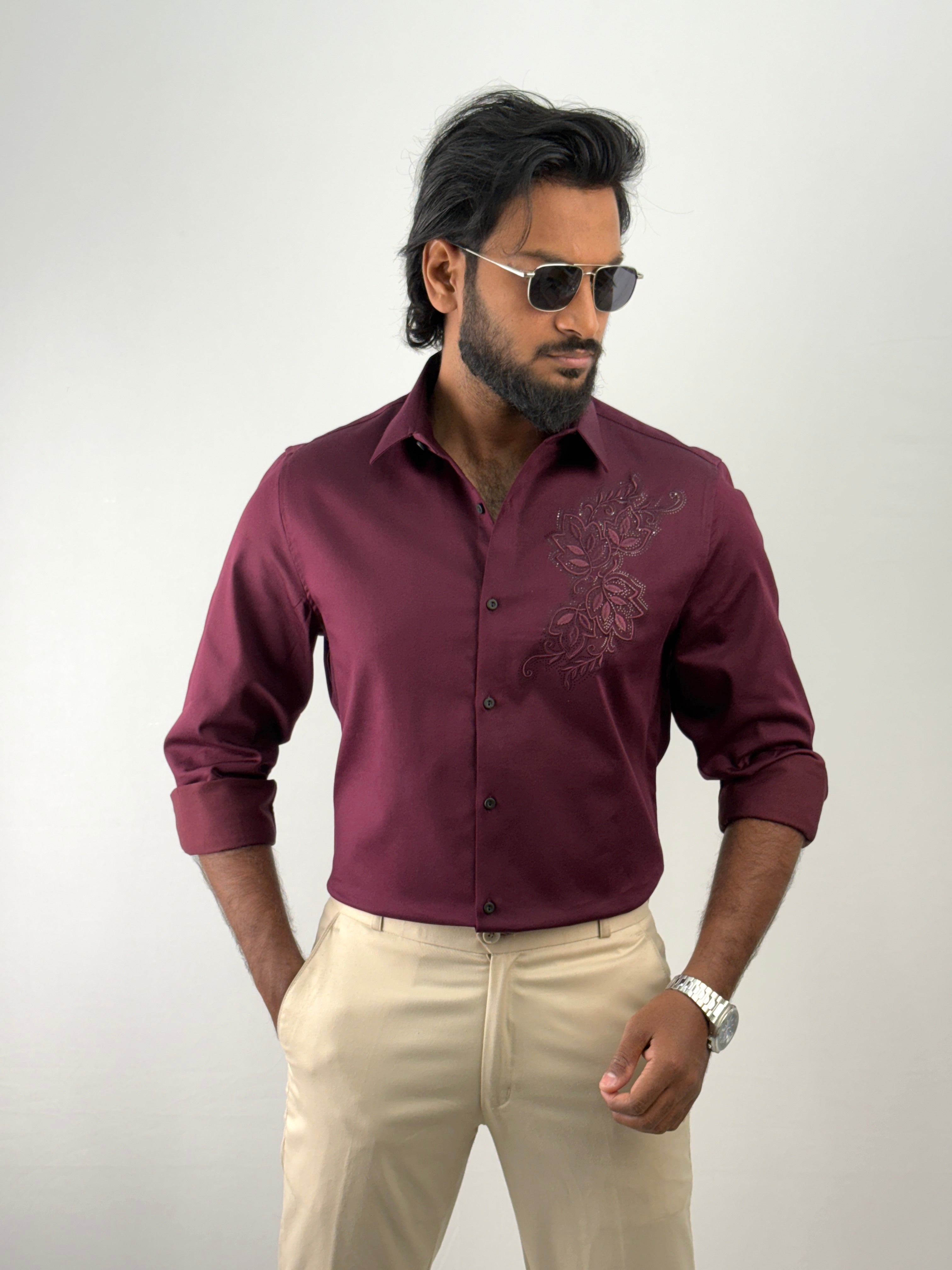 Maroon Designer Embroidery Stone Work Shirt 1
