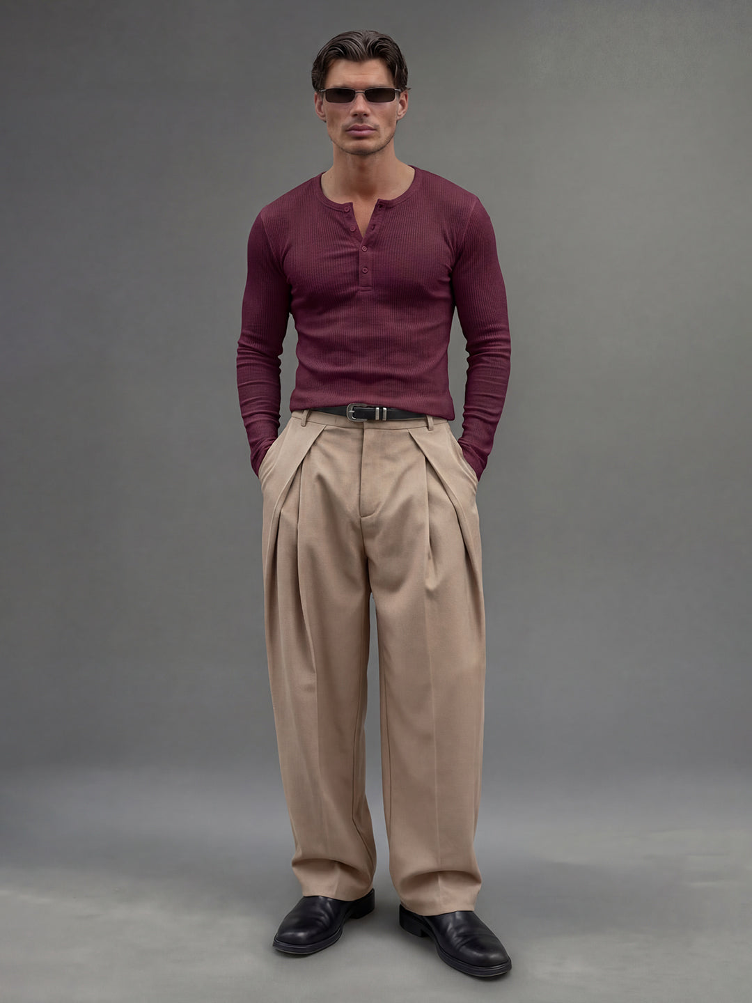 Maroon Ribbed Henley Long Sleeve T-Shirt