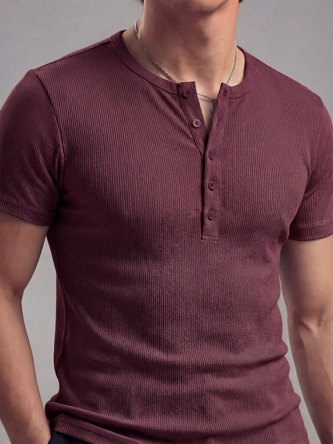 Maroon Ribbed Henley Short Sleeves T-Shirt