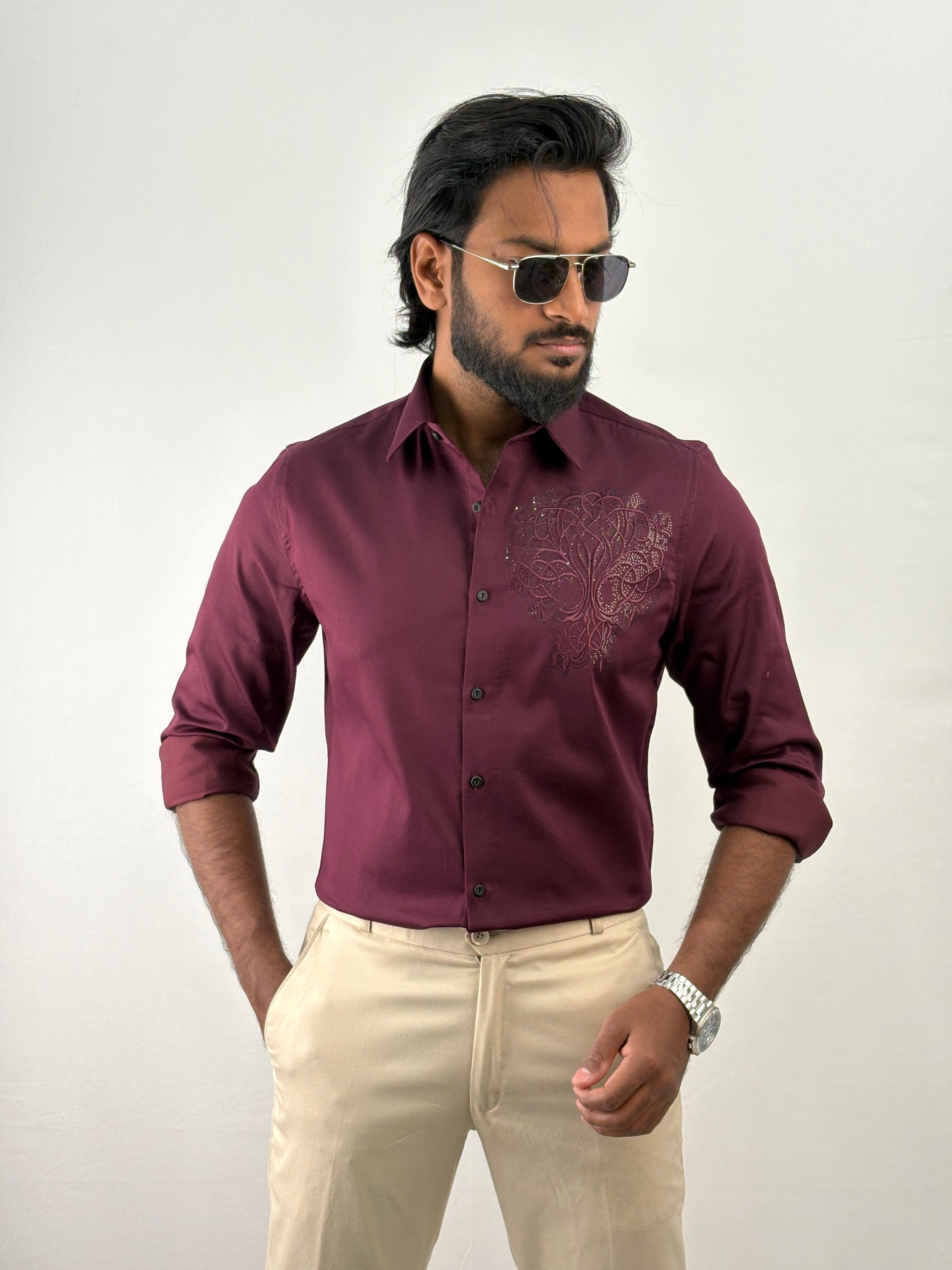 Maroon Designer Embroidery Stone Work Shirt 2