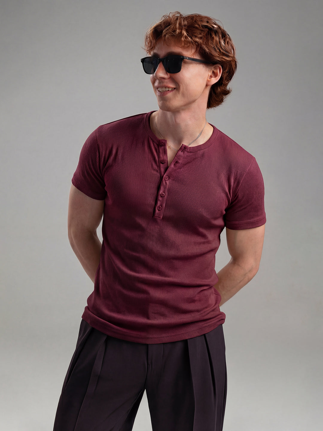 Maroon Ribbed Henley Short Sleeves T-Shirt