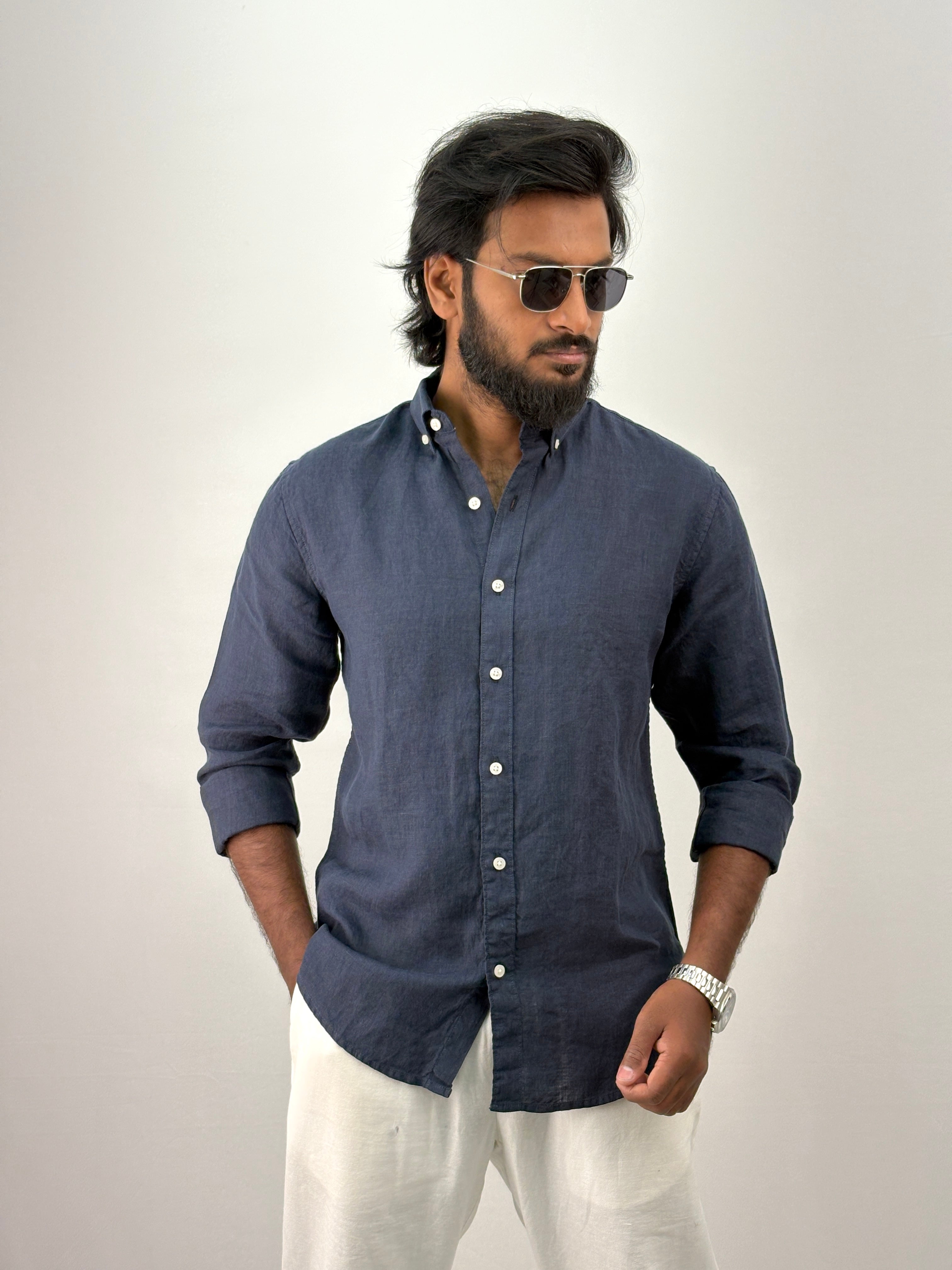 Navy Pure Linen Shirt 2