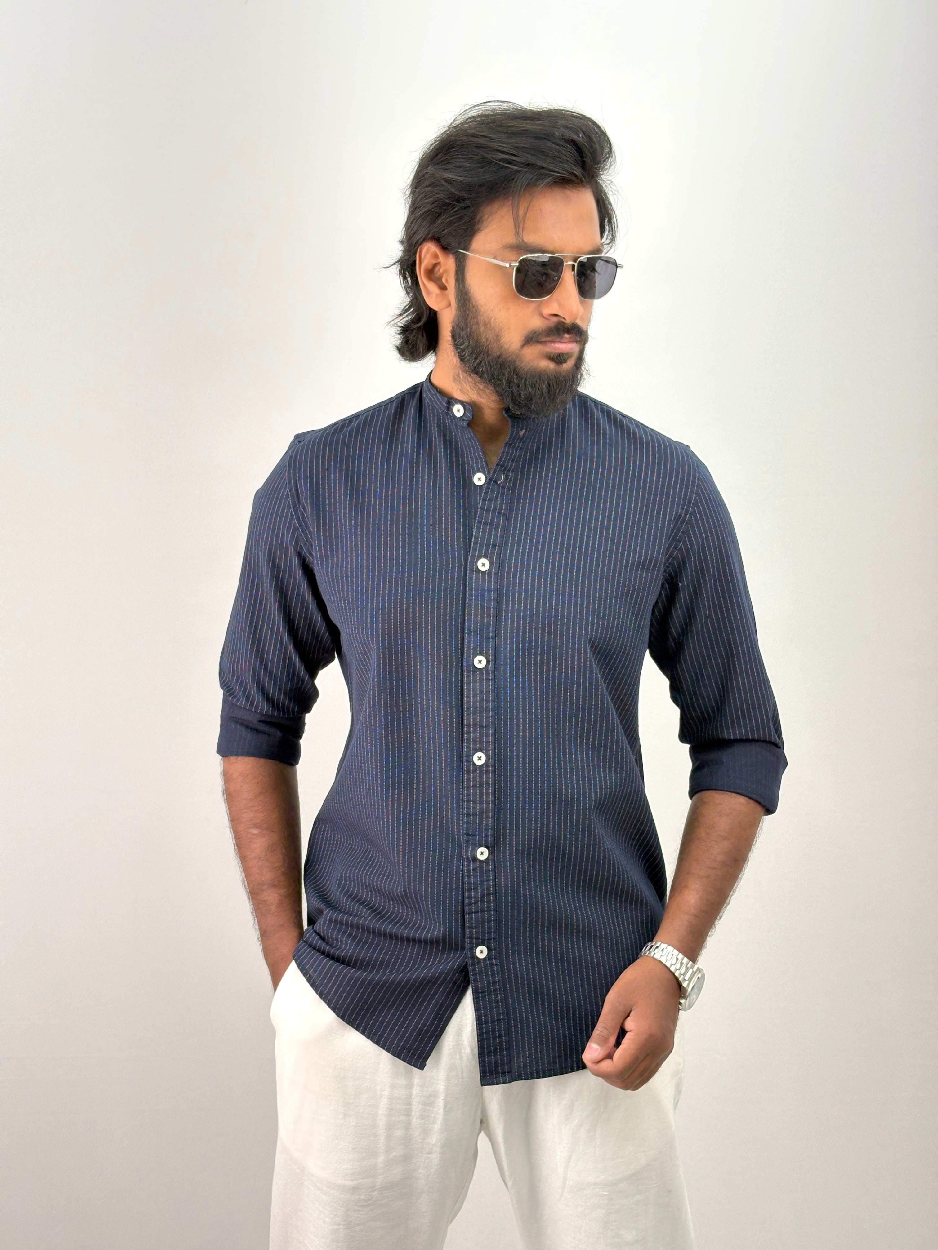 Navy Mandarin Stripe Shirt