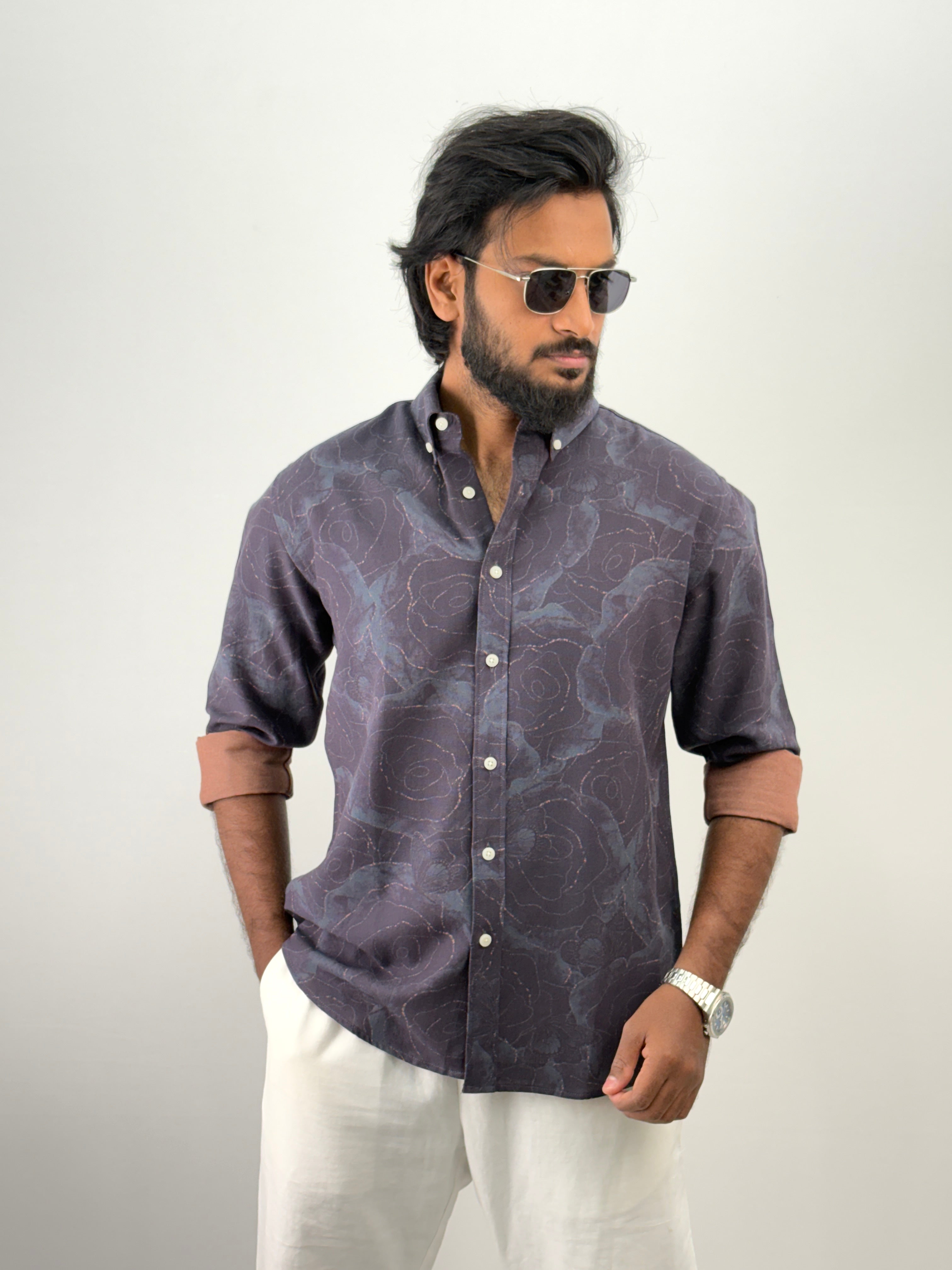 Navy Linen Printed Shirt