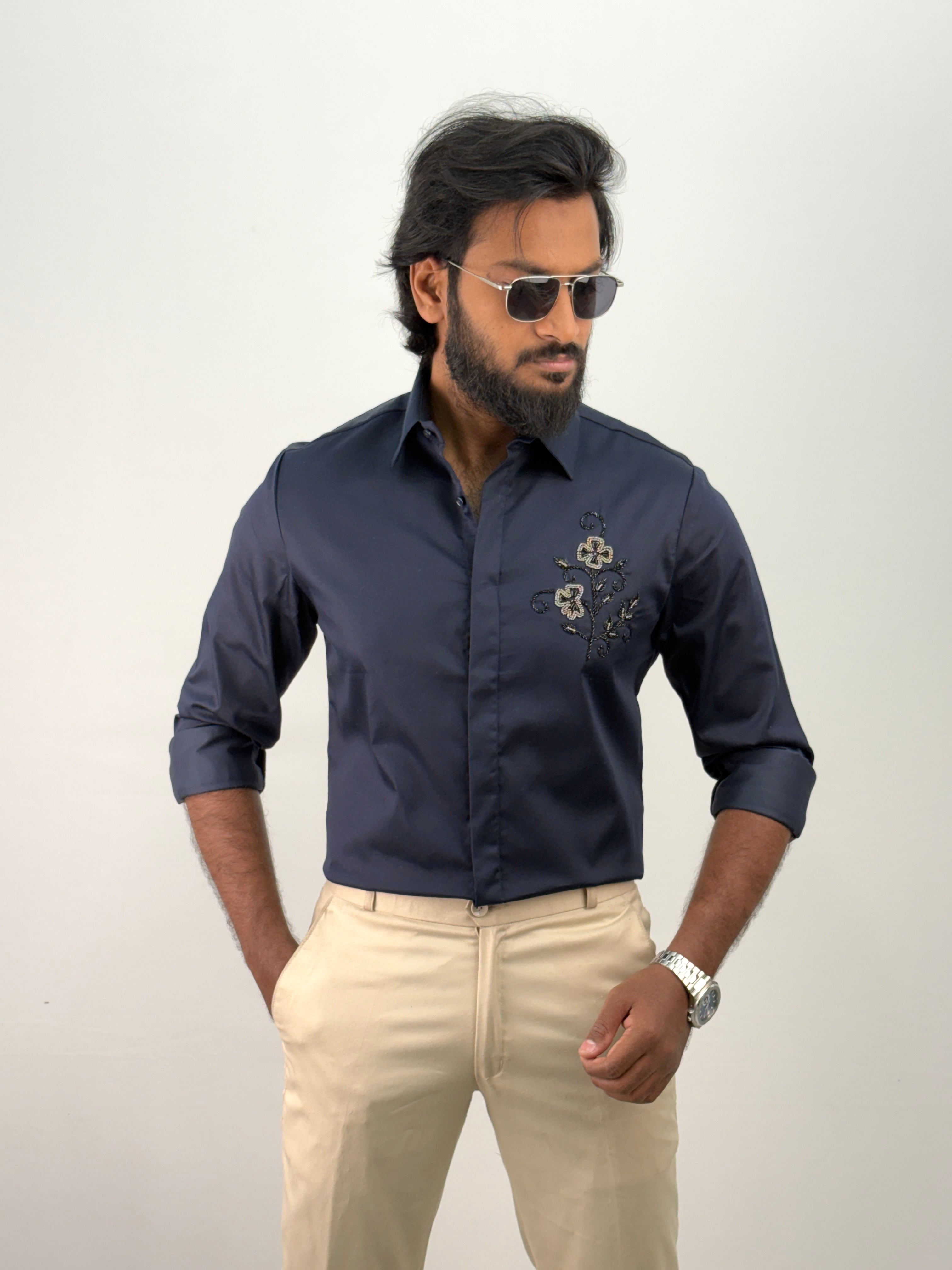 Navy Designer Stone Work Shirts 11