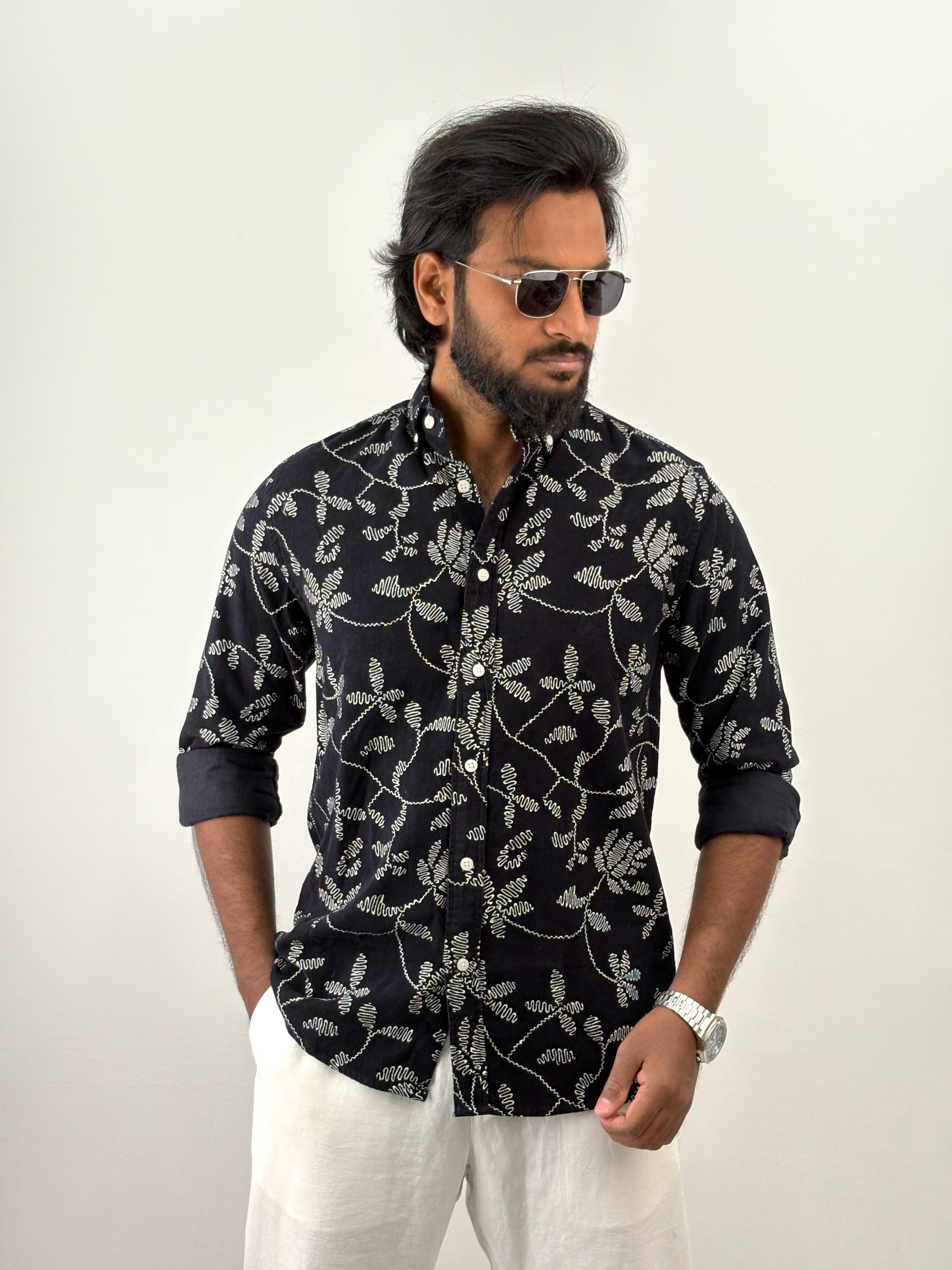 Navy Corduroy Printed Shirt