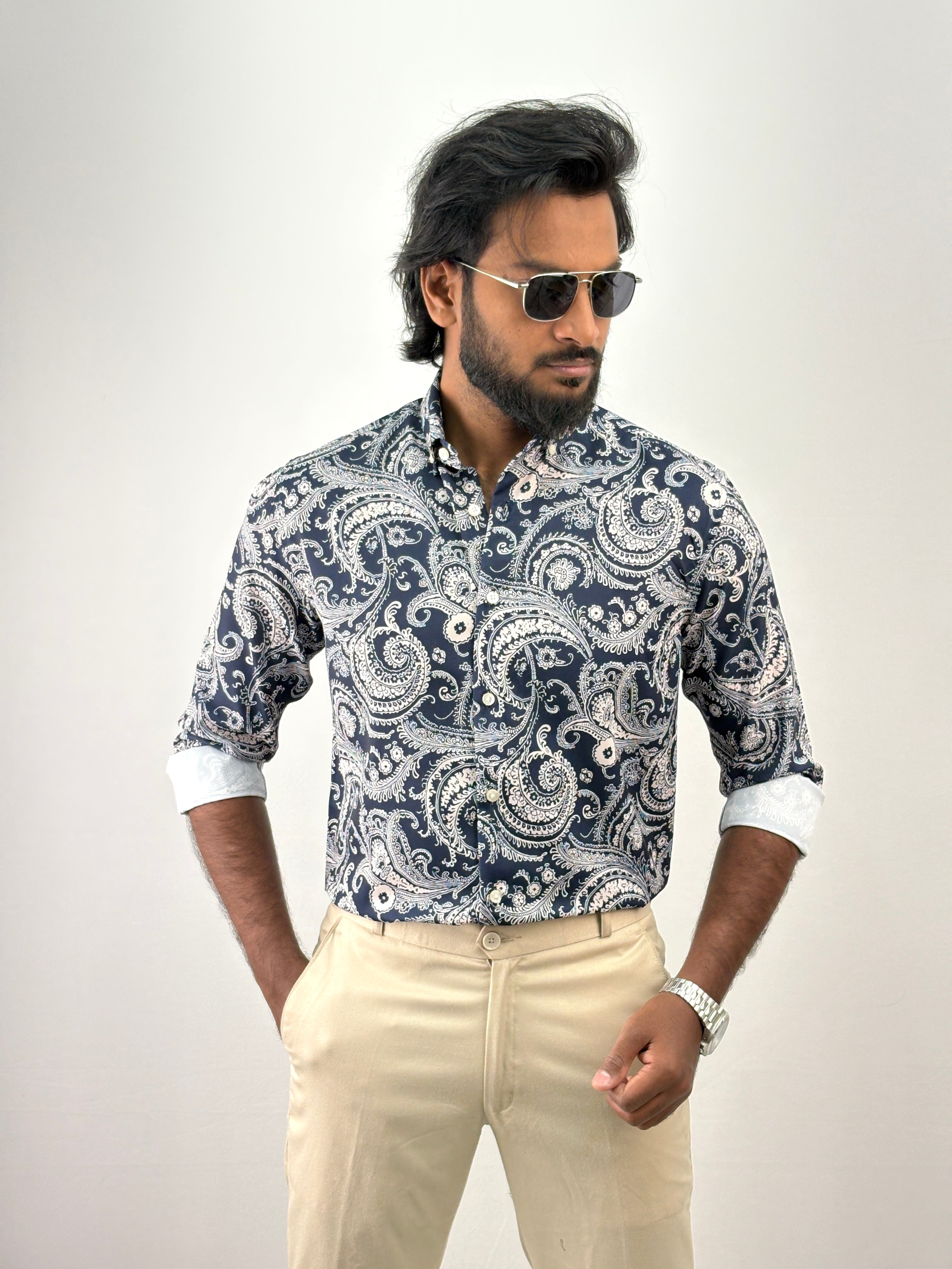 Navy Viscose Printed Shirt