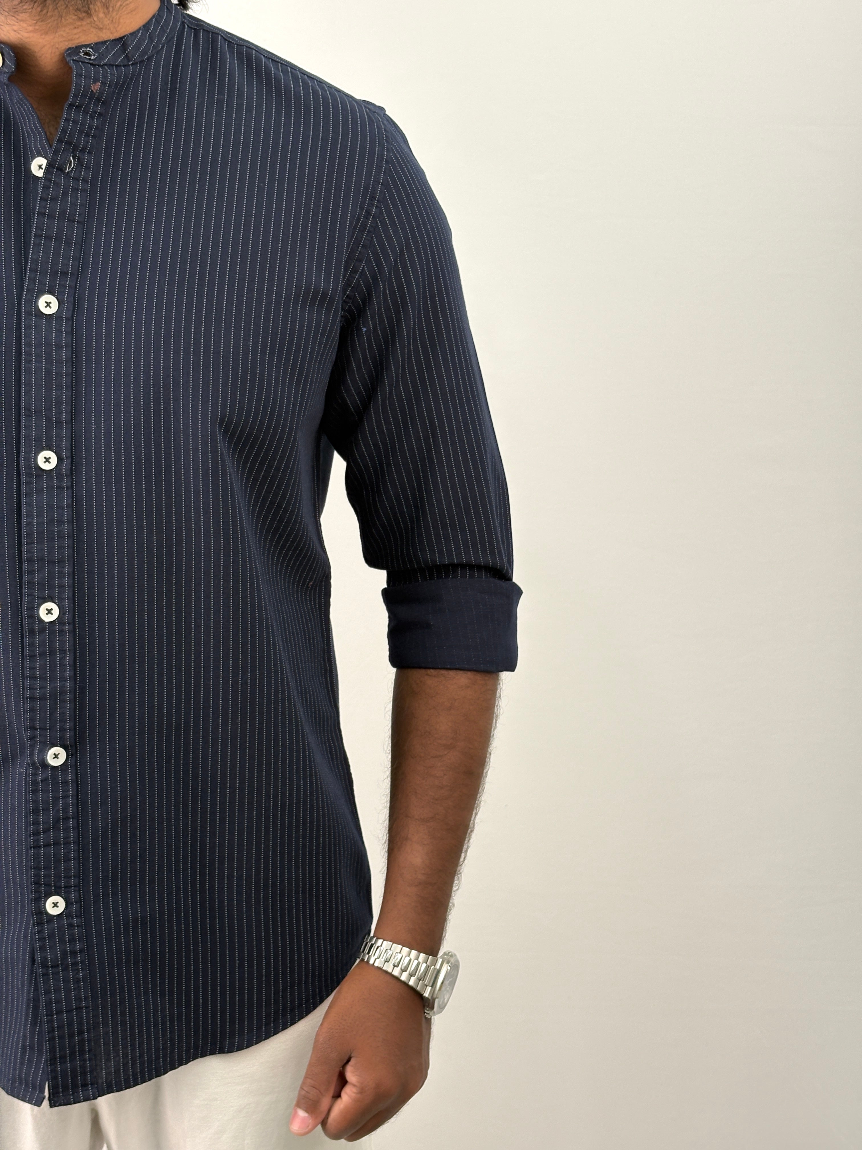 Navy Mandarin Stripe Shirt