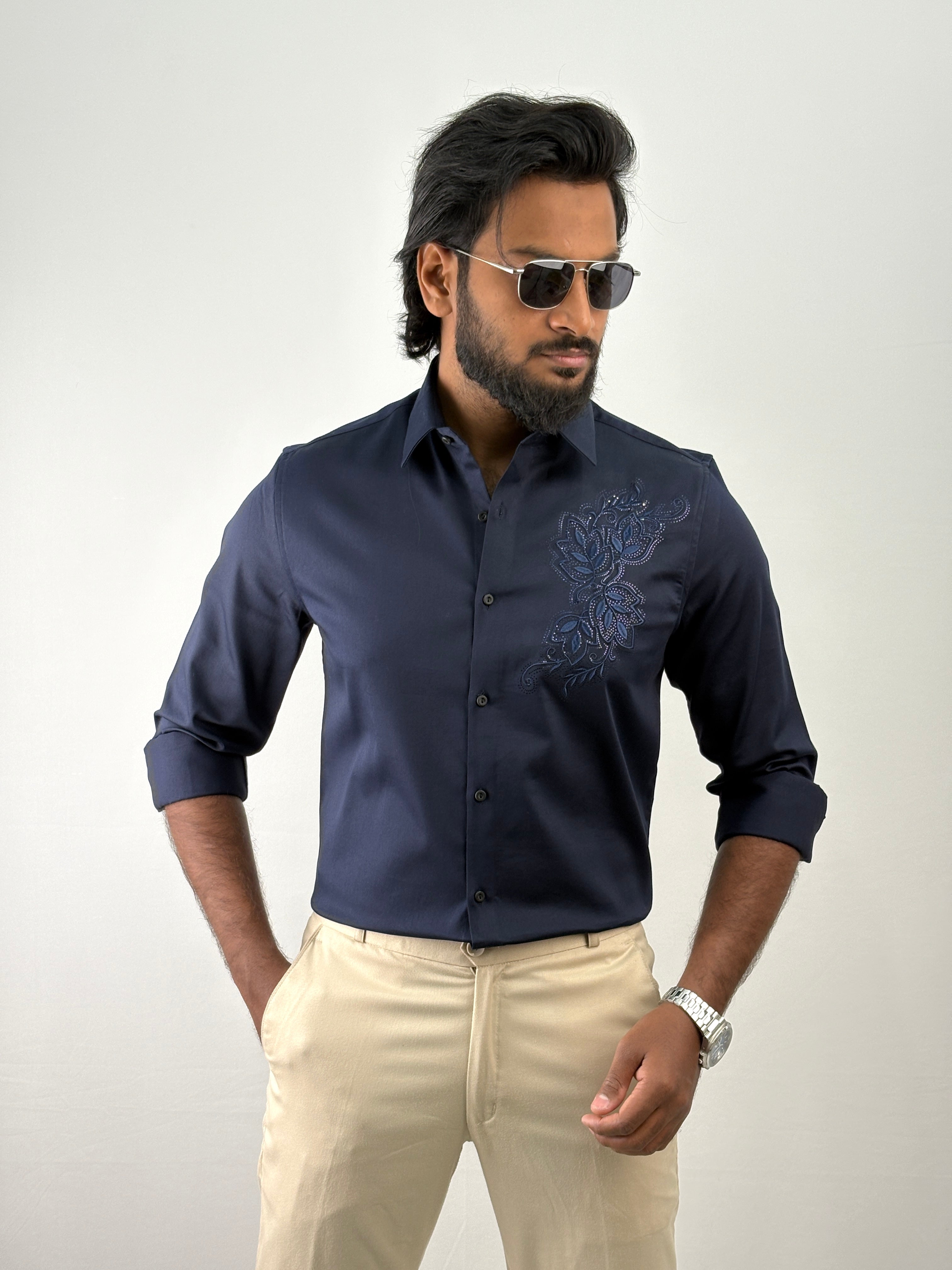 Navy Designer Embroidery Stone Work Shirt 1