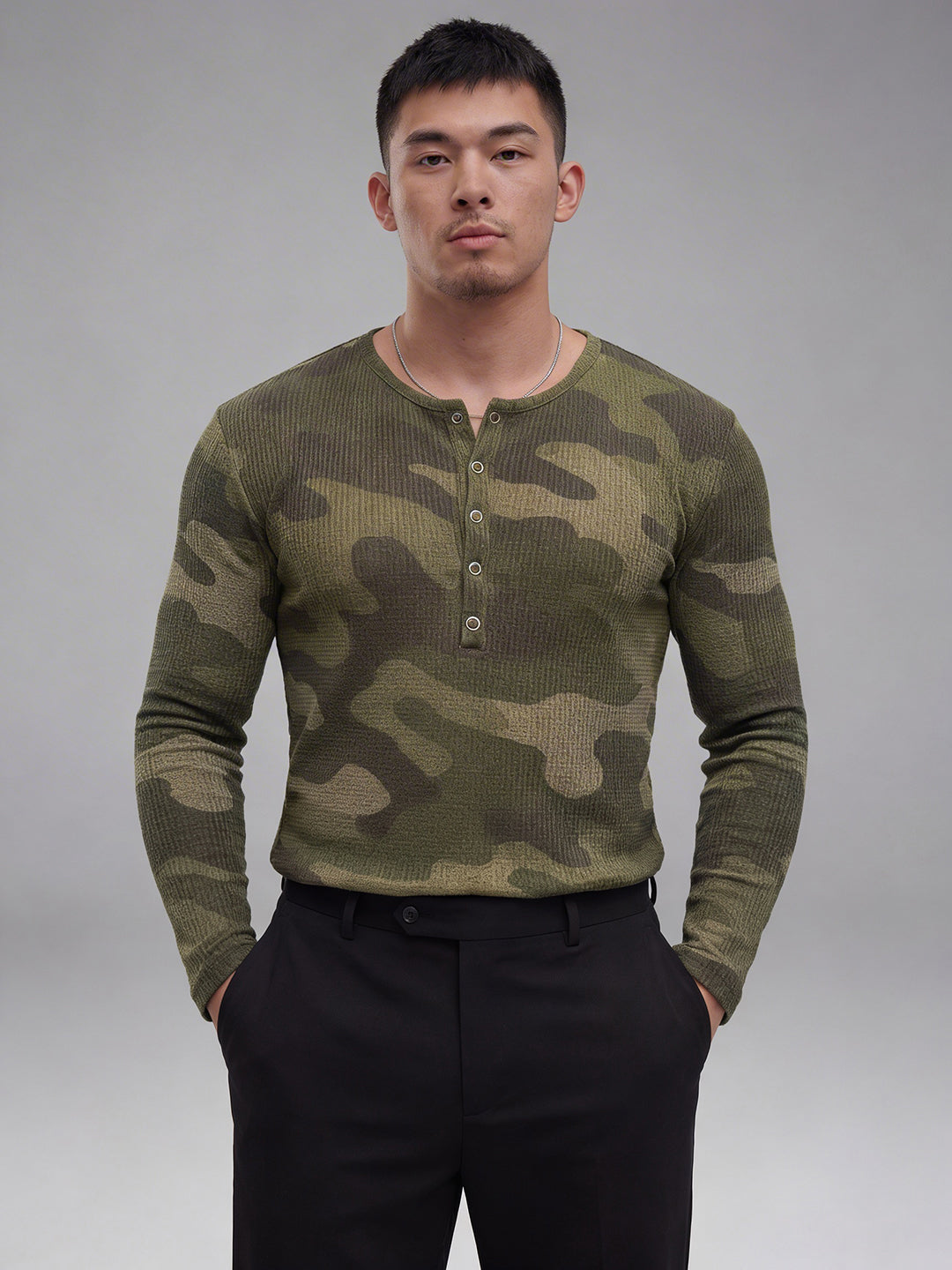 Camo Waffle Henley Long Sleeve T-Shirt