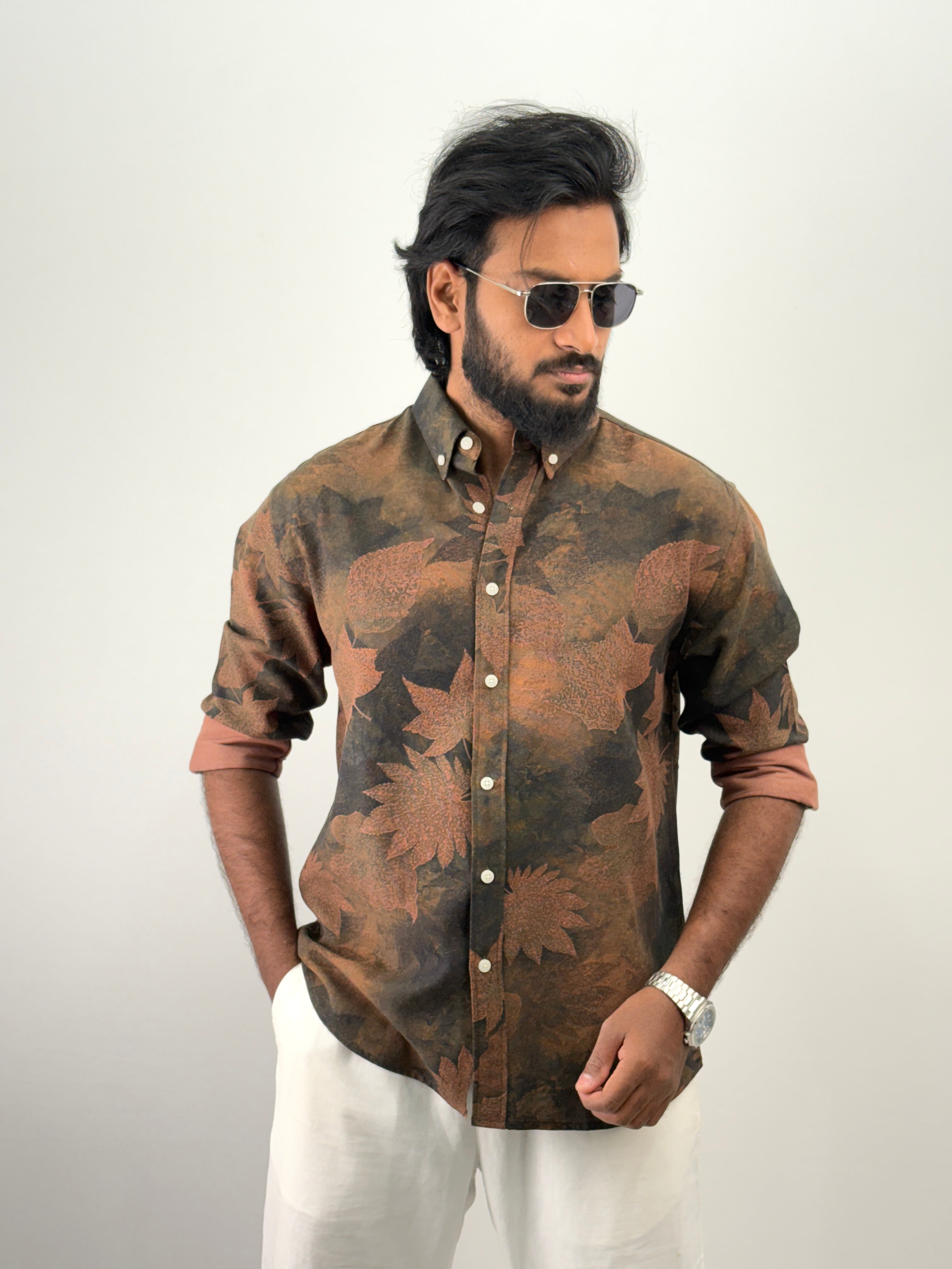 Olive Linen Printed Shirt