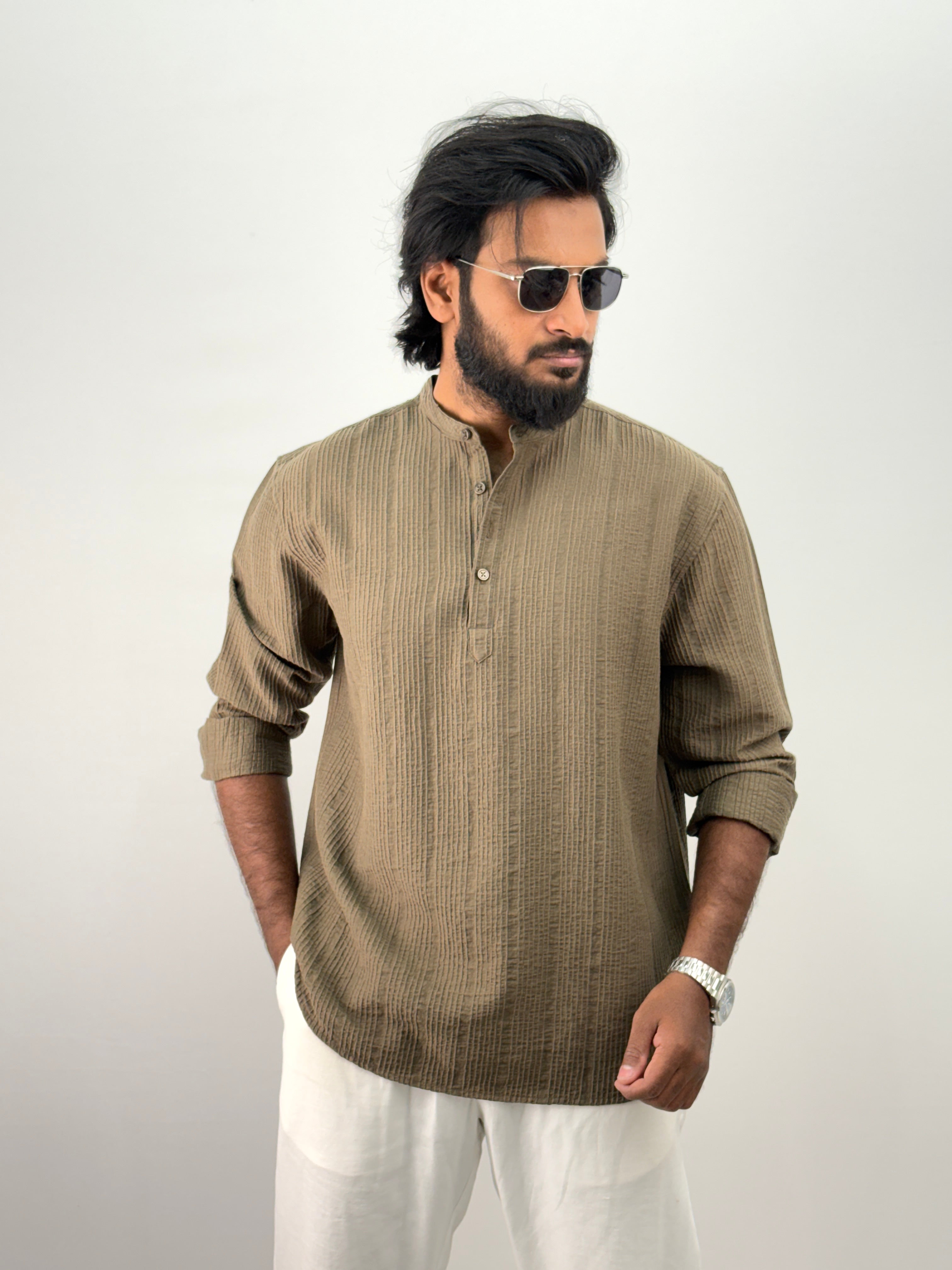 Olive Textured Short Kurta