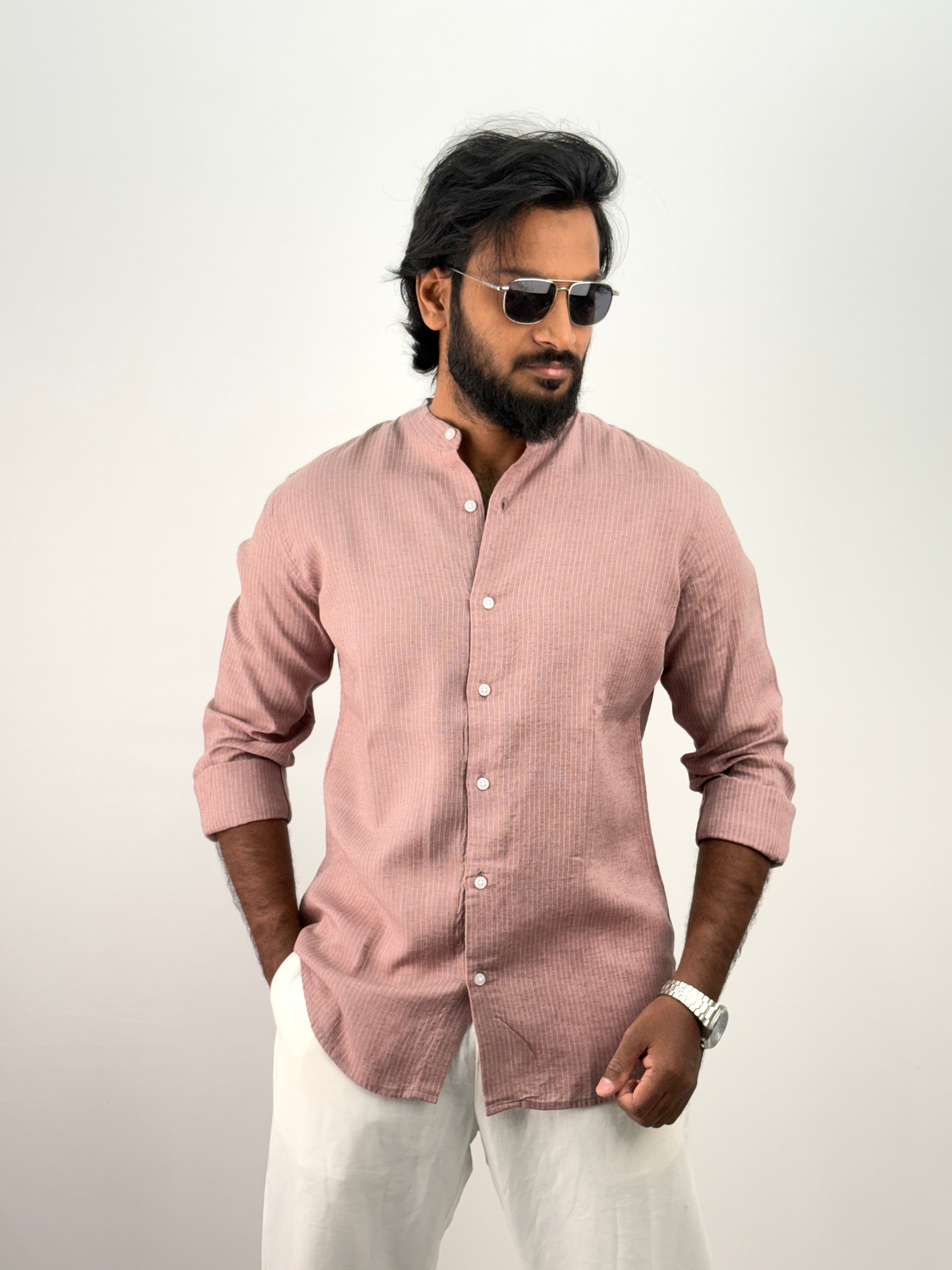 Peach Mandarin Linen Stripe Shirt