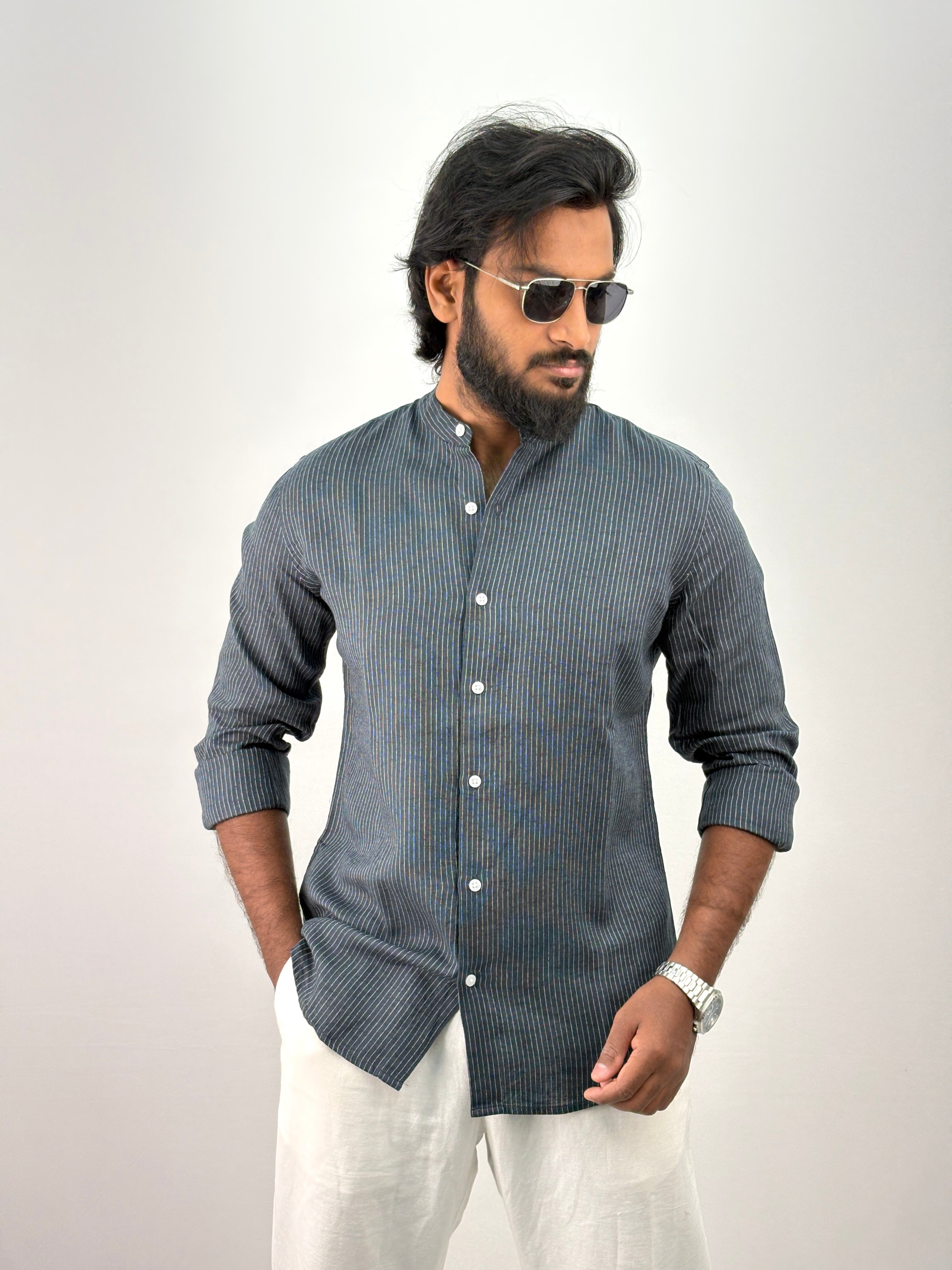 Peacock Mandarin Linen Stripe Shirt