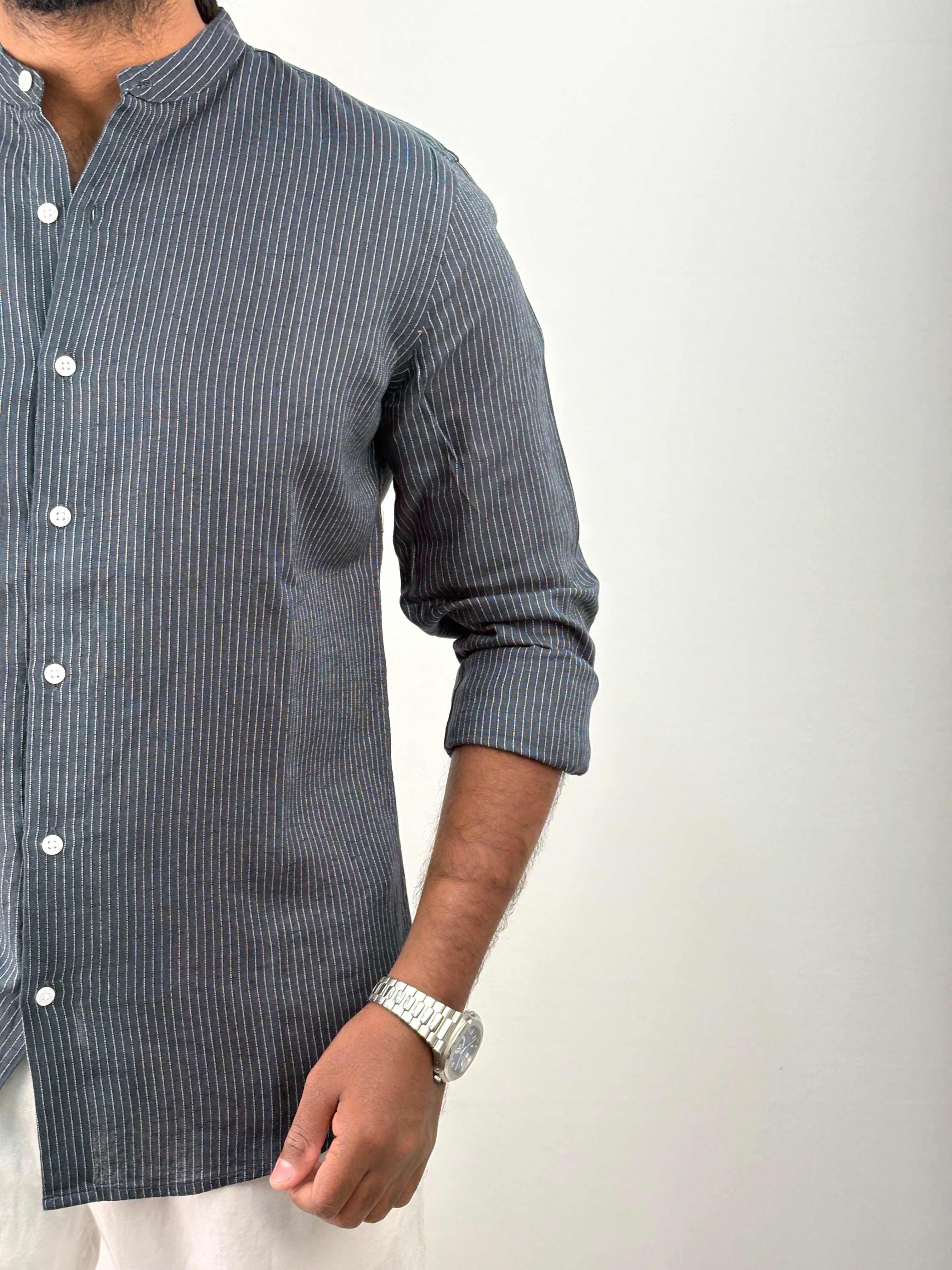 Peacock Mandarin Linen Stripe Shirt