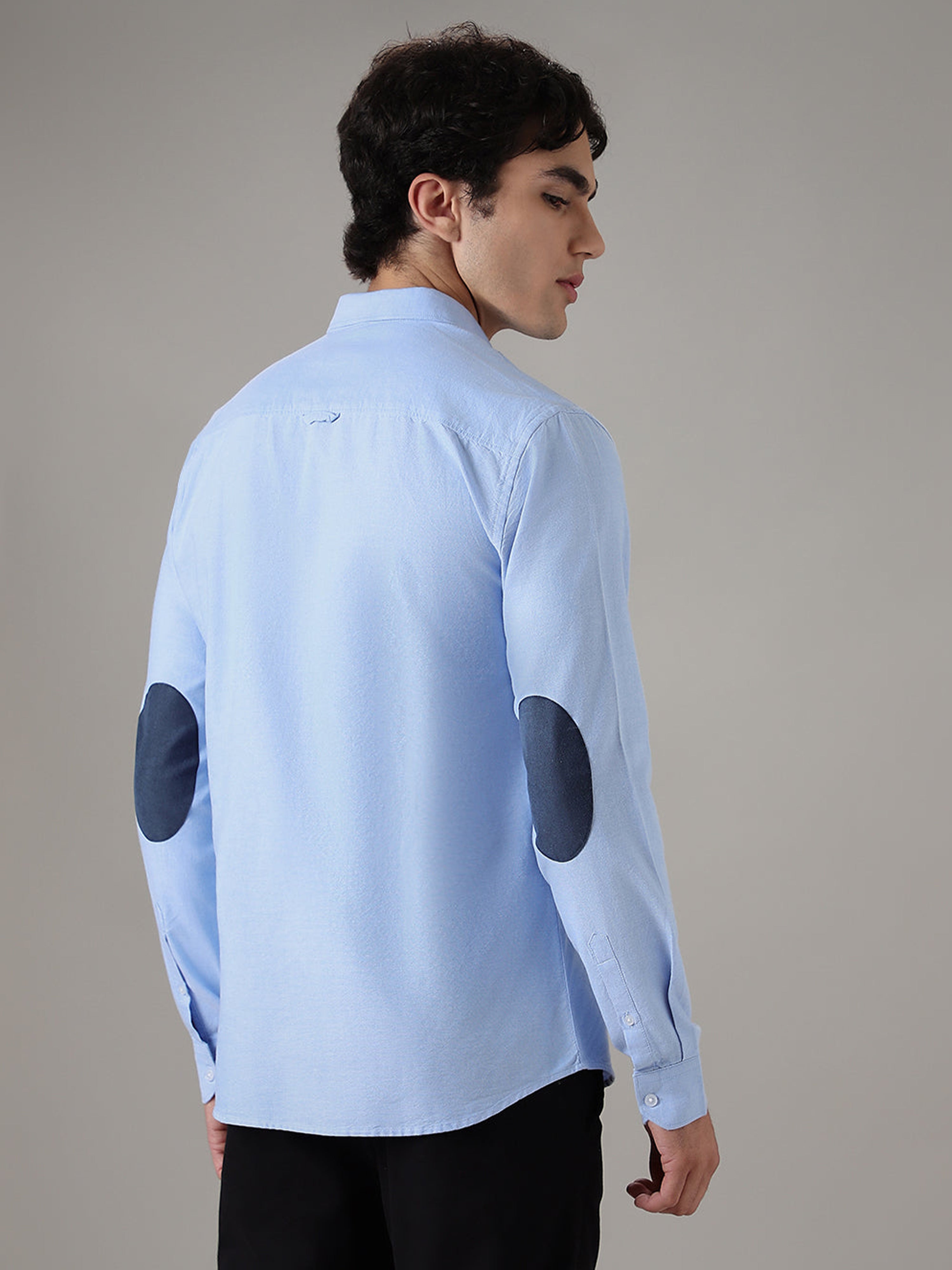 Powder Blue Plain Elbow Patch Shirt
