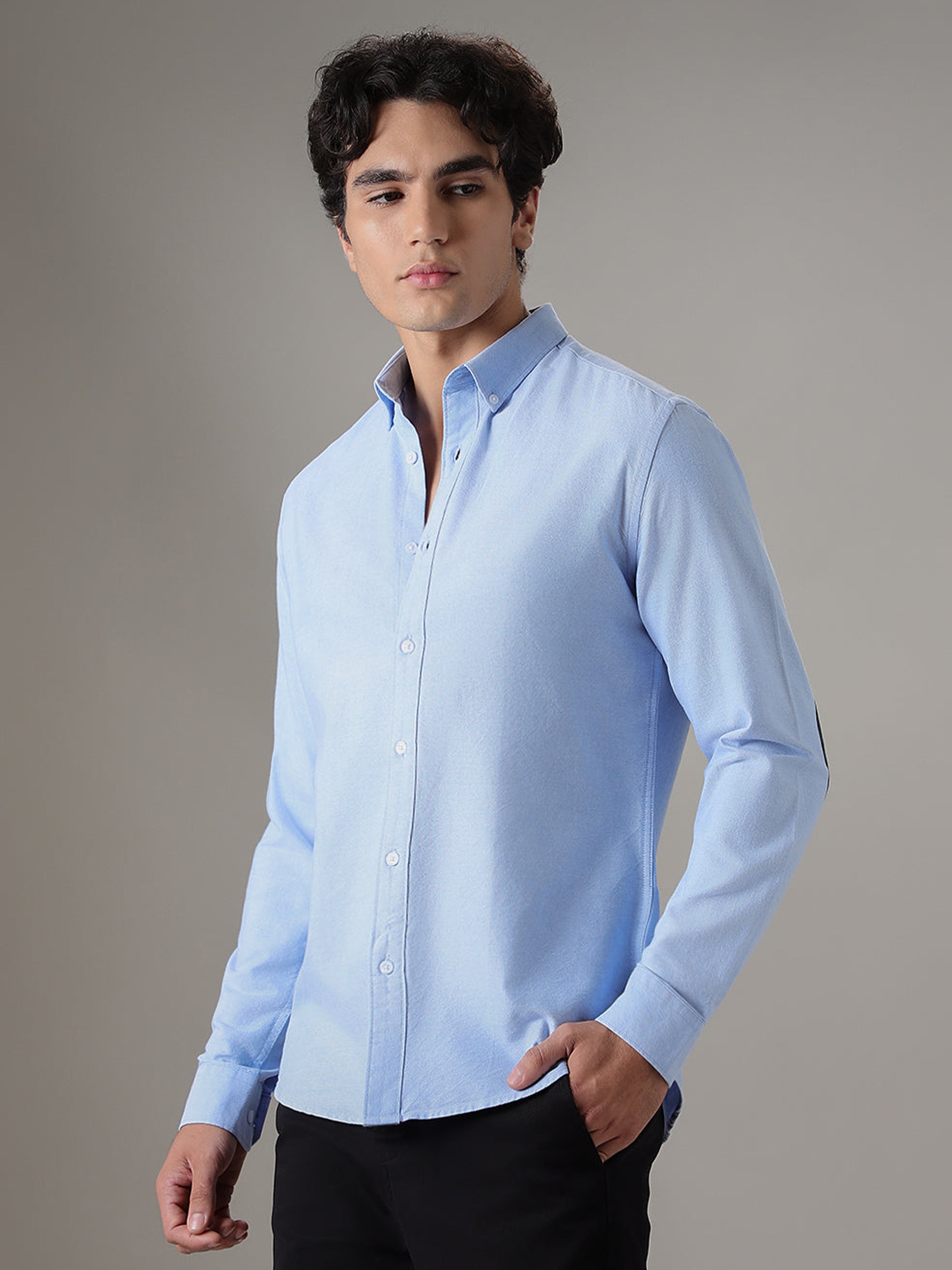 Powder Blue Plain Elbow Patch Shirt