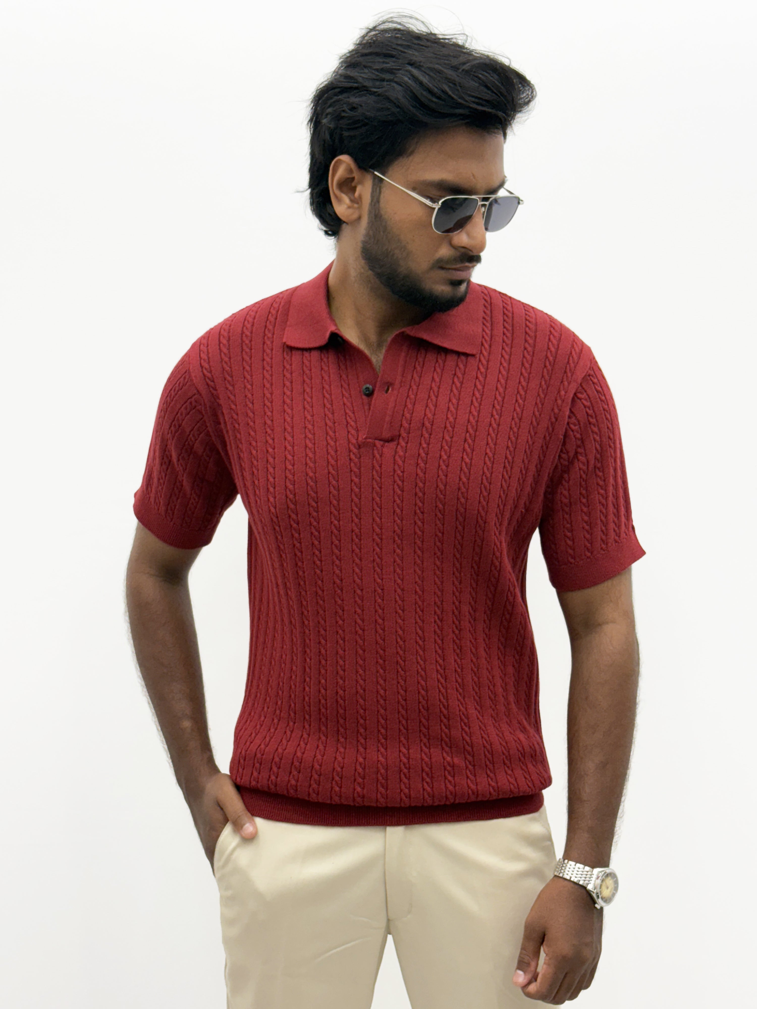 Red Textured Polo T-Shirt