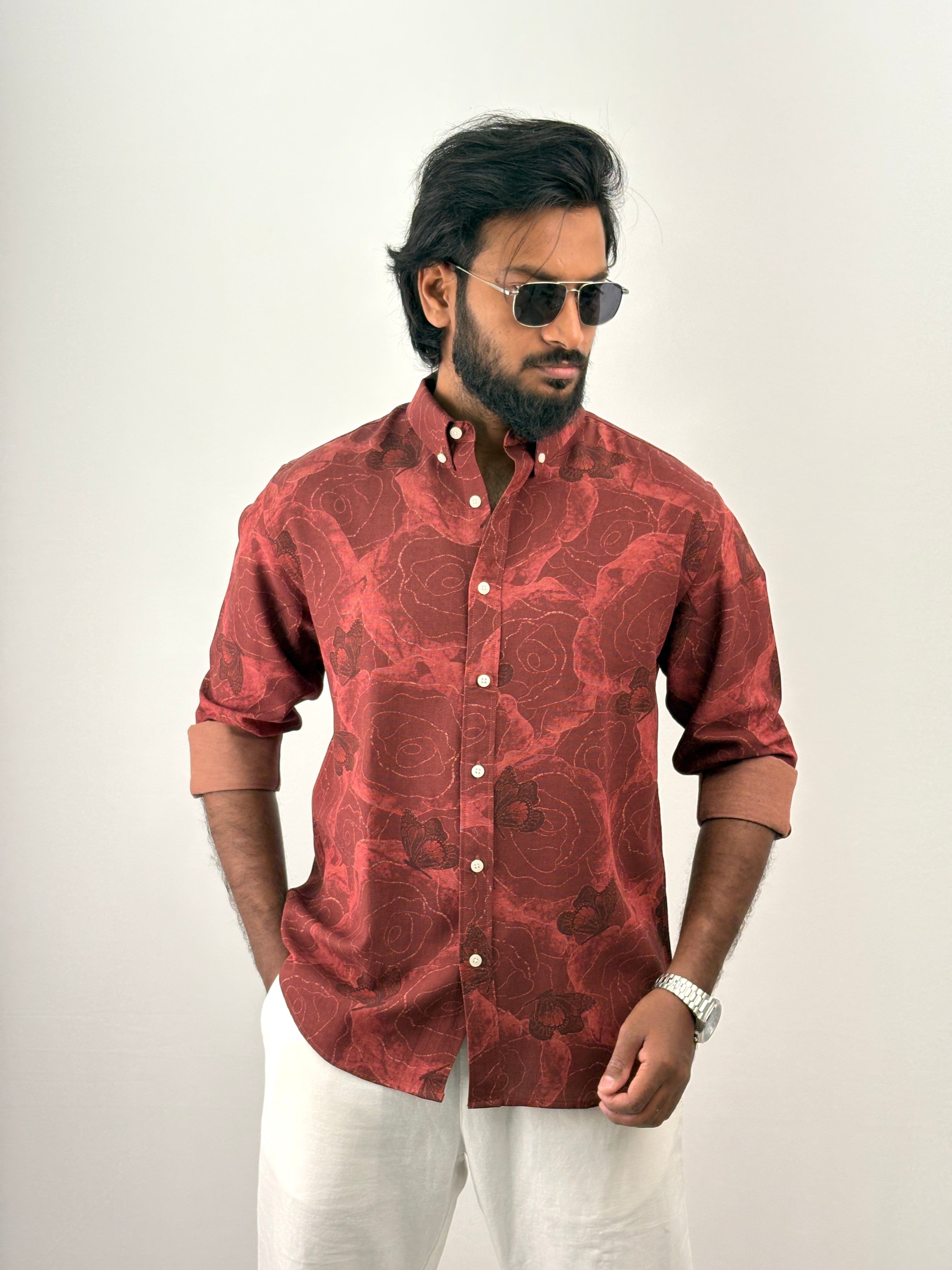 Red Linen Printed Shirt