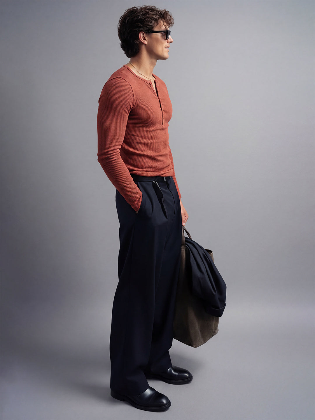 Rust Ribbed Henley Long Sleeve T-Shirt