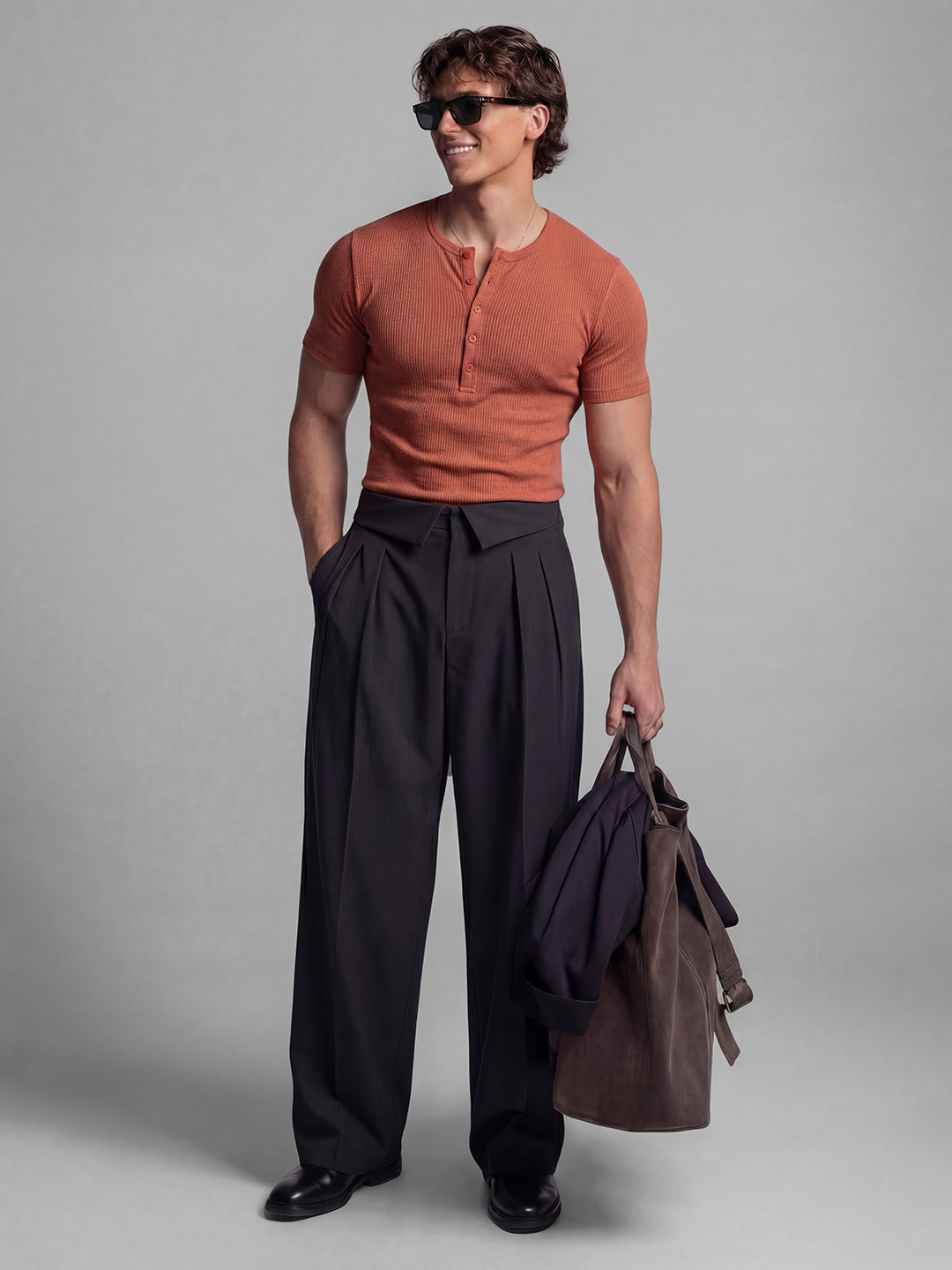 Rust Ribbed Henley Short Sleeves T-Shirt