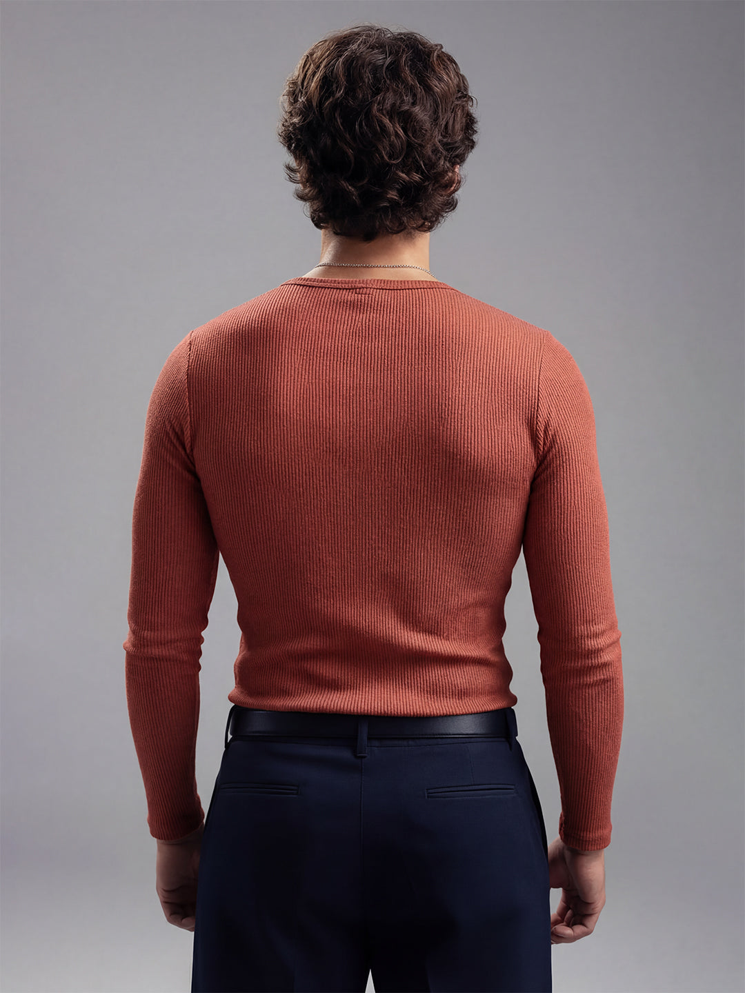 Rust Ribbed Henley Long Sleeve T-Shirt