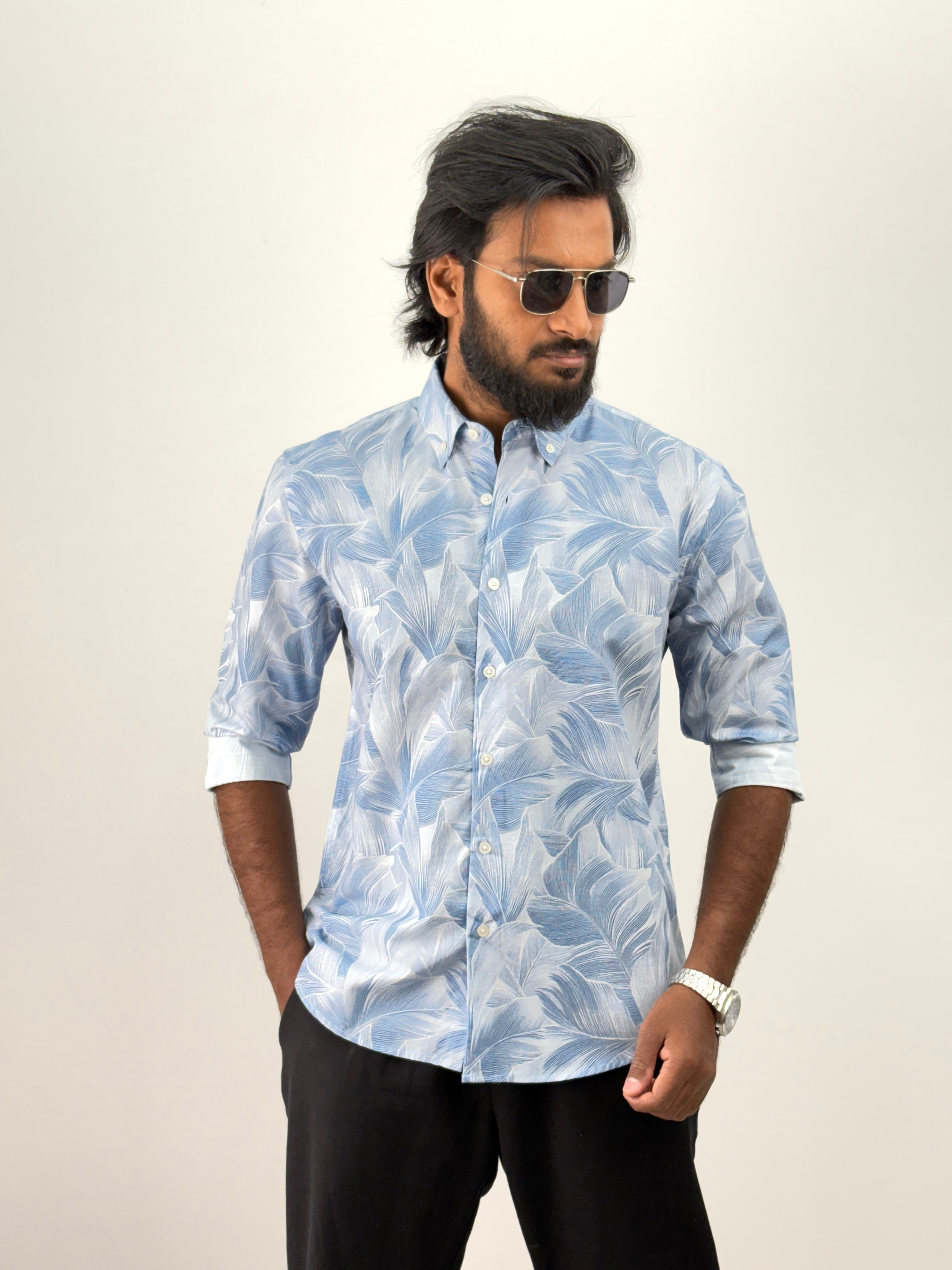 Sky Blue Linen Printed Shirt